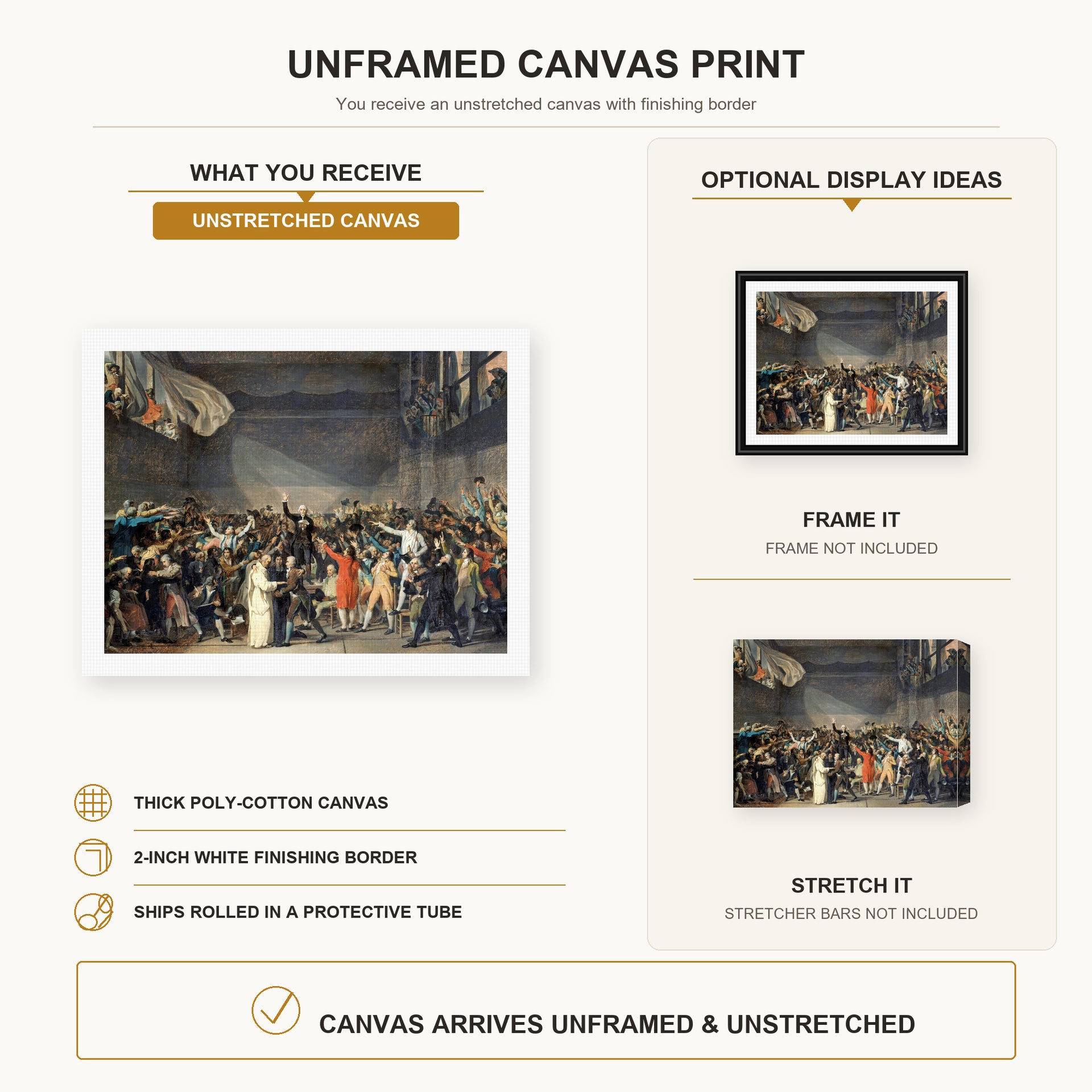 Jacques-Louis David - The Oath of the Tennis Court canvas print size comparison and framing display infographic