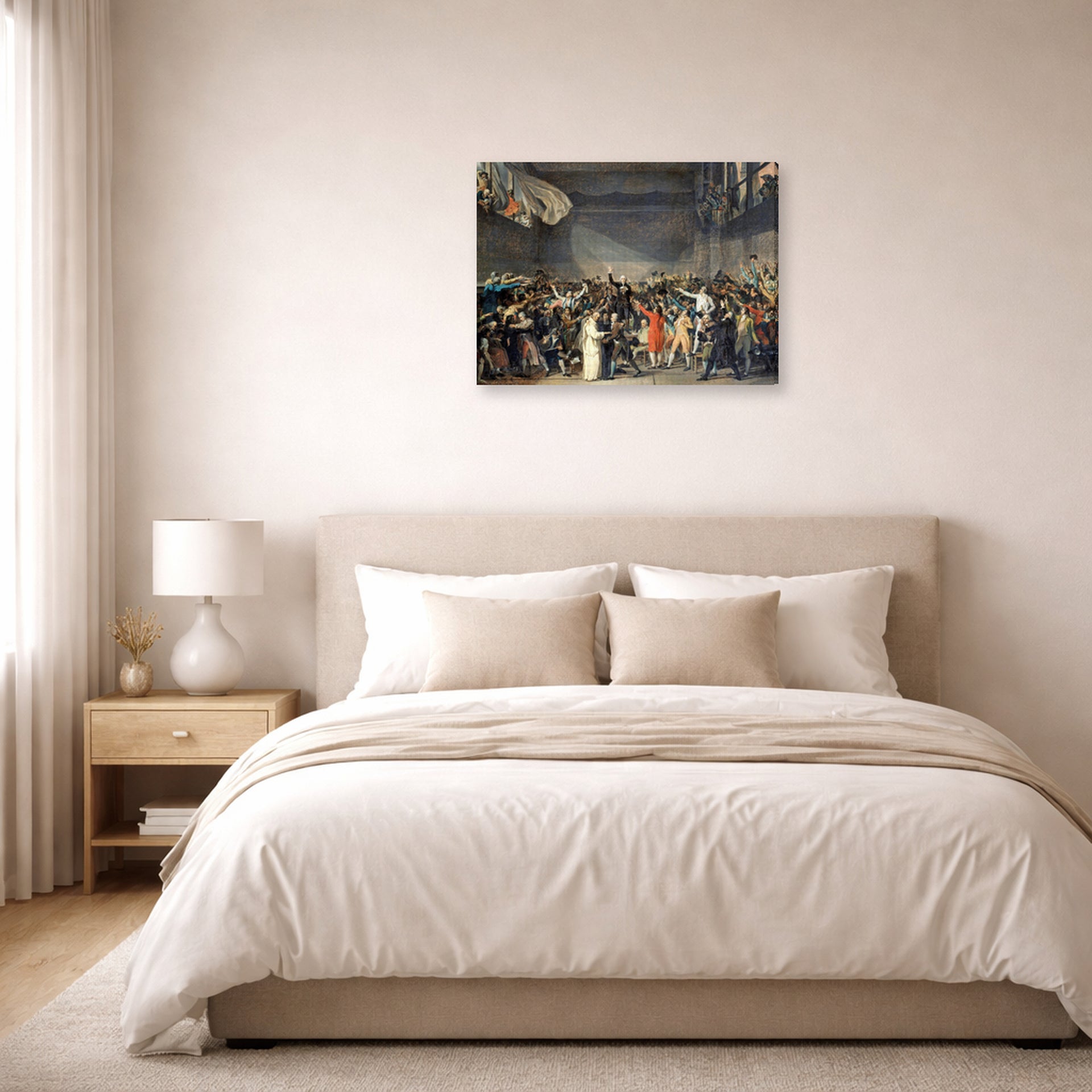 Gallery-wrapped canvas print of Jacques-Louis David's 'The Oath of the Tennis Court' displayed on a wall in a bedroom