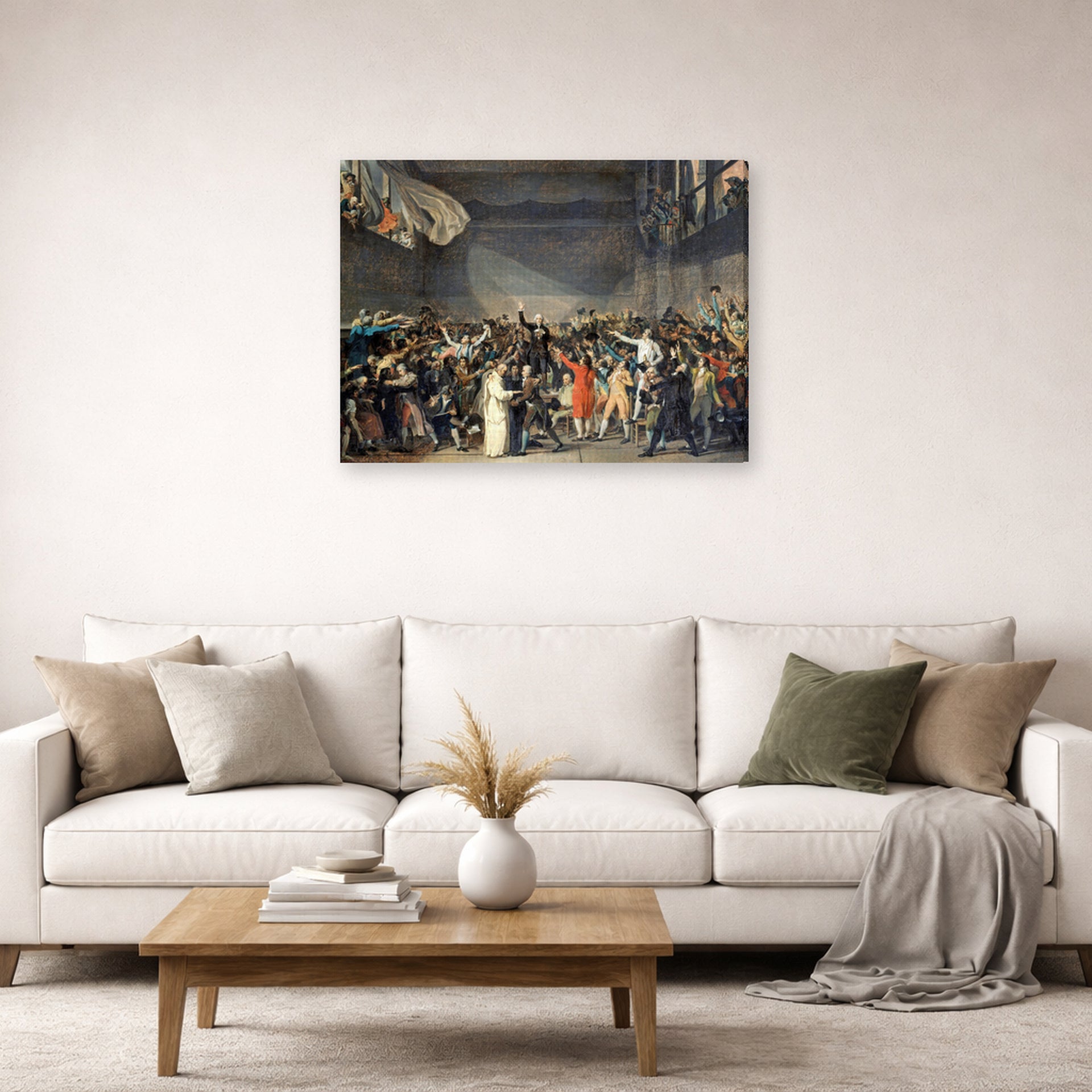 Gallery-wrapped canvas print of Jacques-Louis David's 'The Oath of the Tennis Court' displayed on a wall in a living room