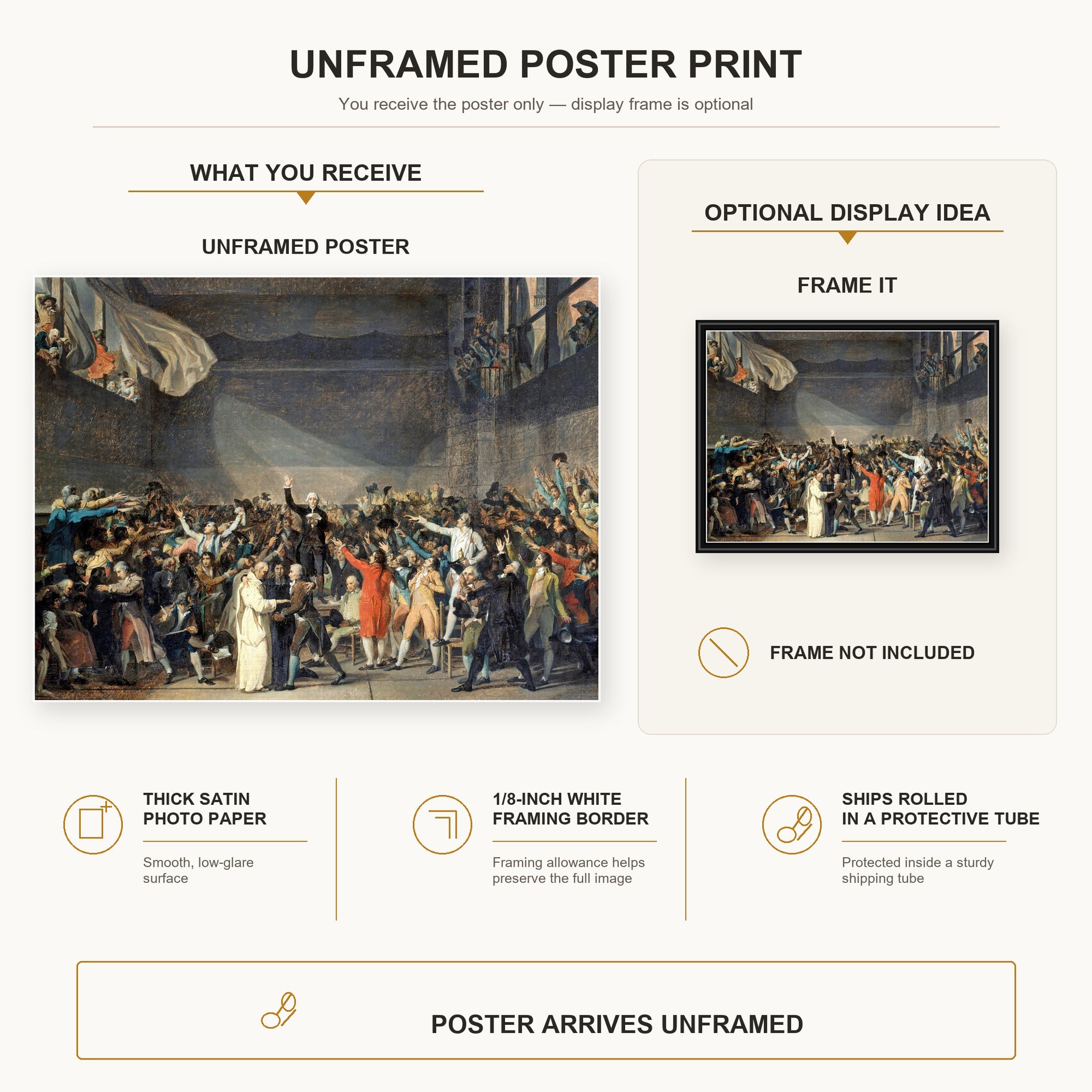 Jacques-Louis David - The Oath of the Tennis Court poster print size comparison and framing display infographic
