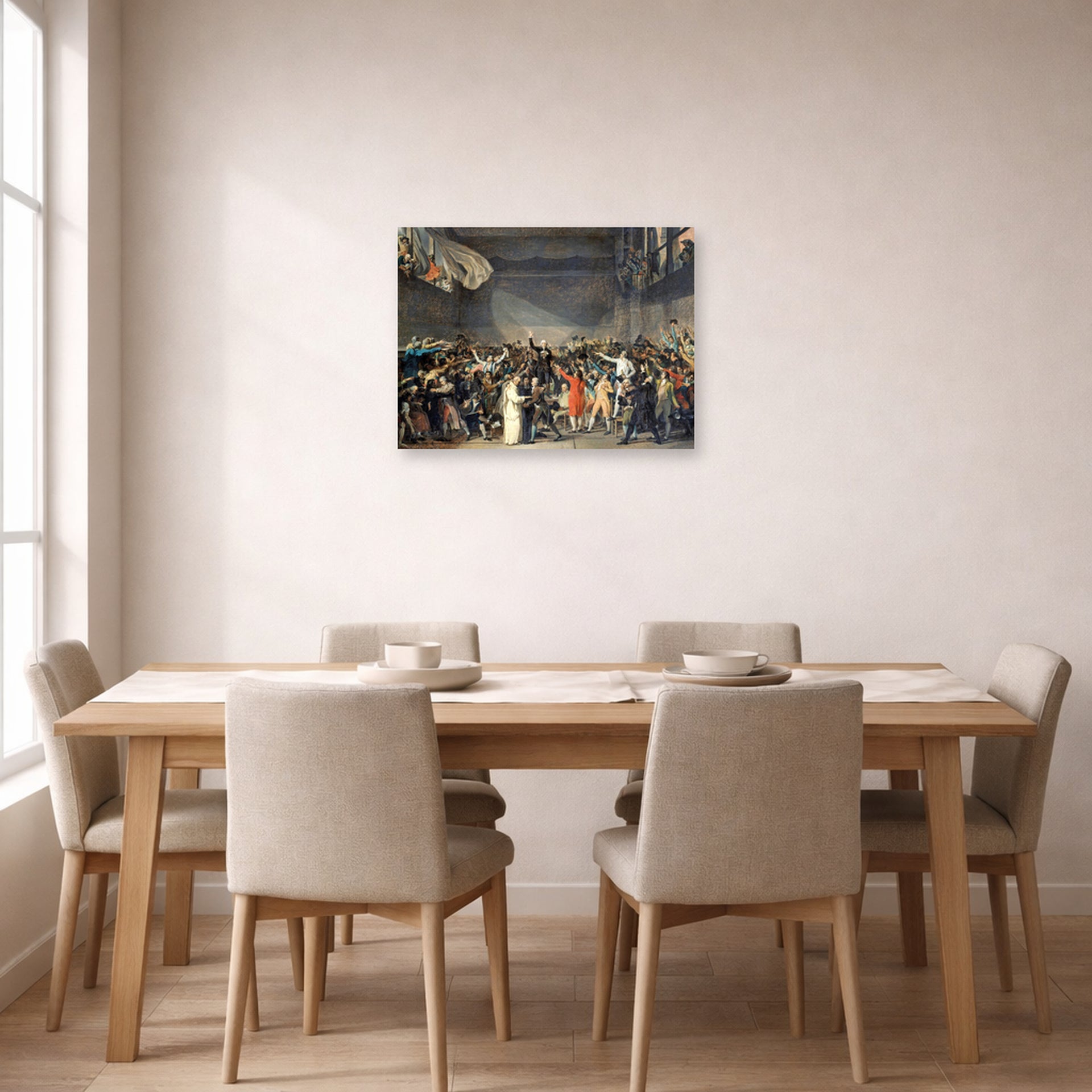Unframed poster print of Jacques-Louis David's 'The Oath of the Tennis Court' displayed on a wall in a dining room