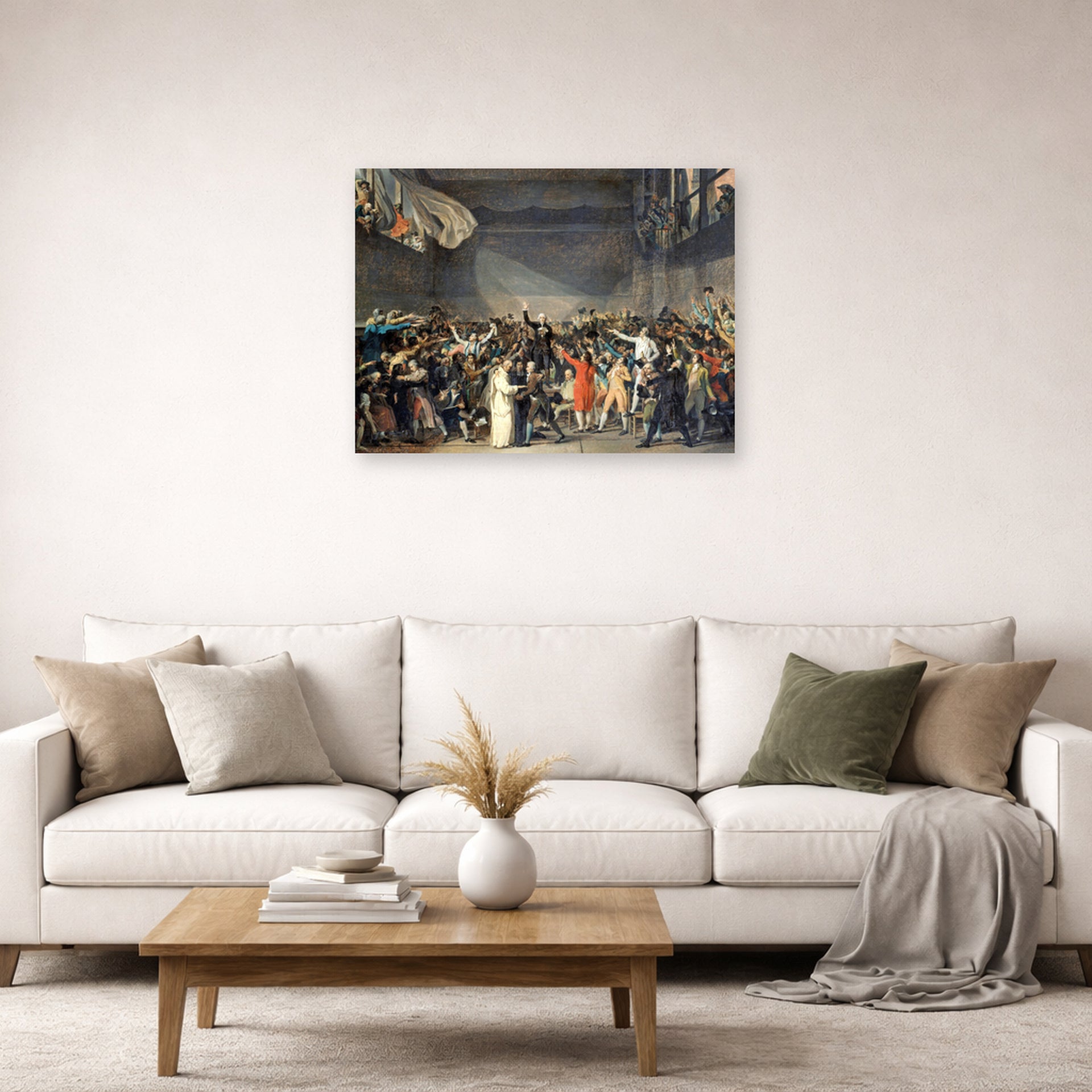 Unframed poster print of Jacques-Louis David's 'The Oath of the Tennis Court' displayed on a wall in a living room