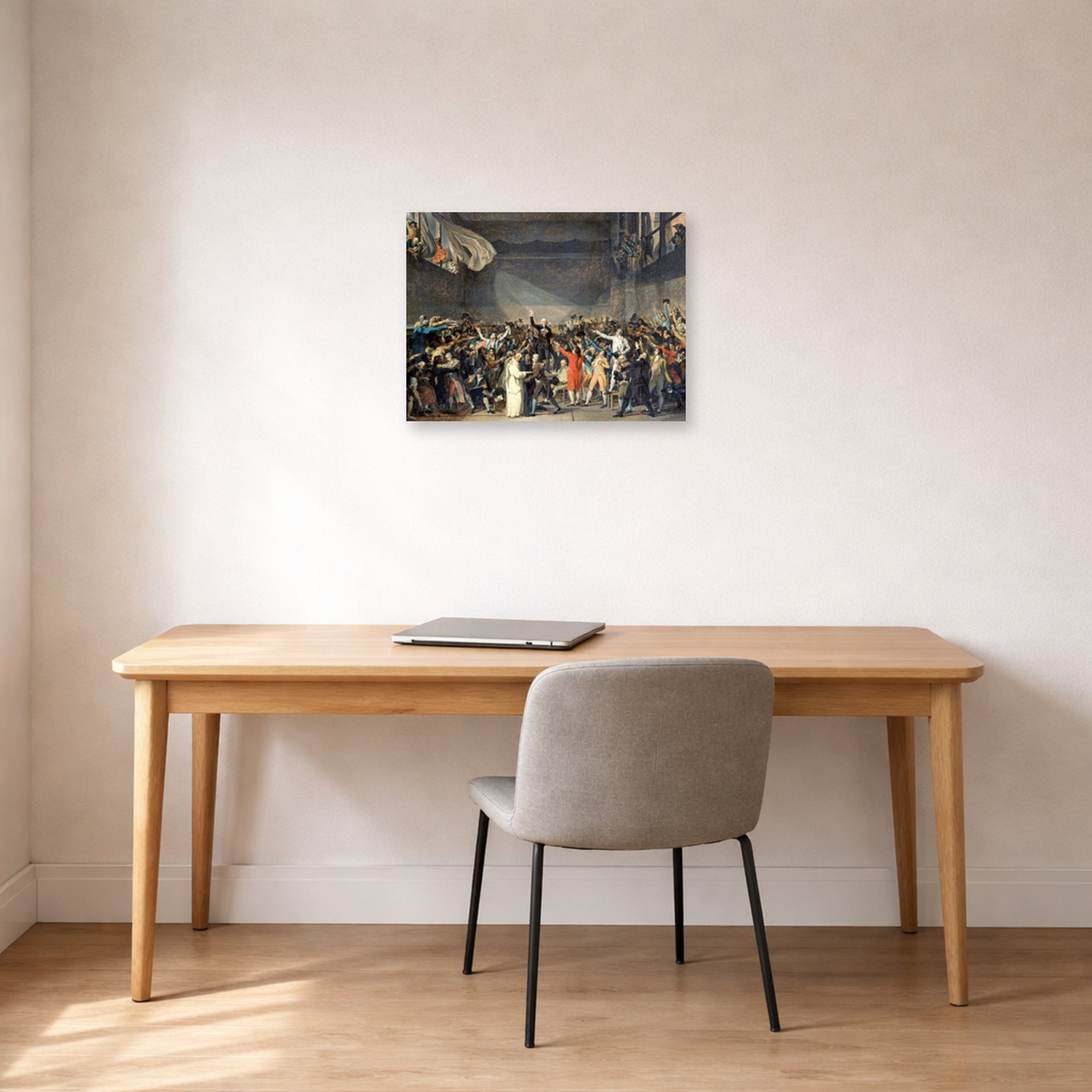 Unframed poster print of Jacques-Louis David's 'The Oath of the Tennis Court' displayed on a wall in an office