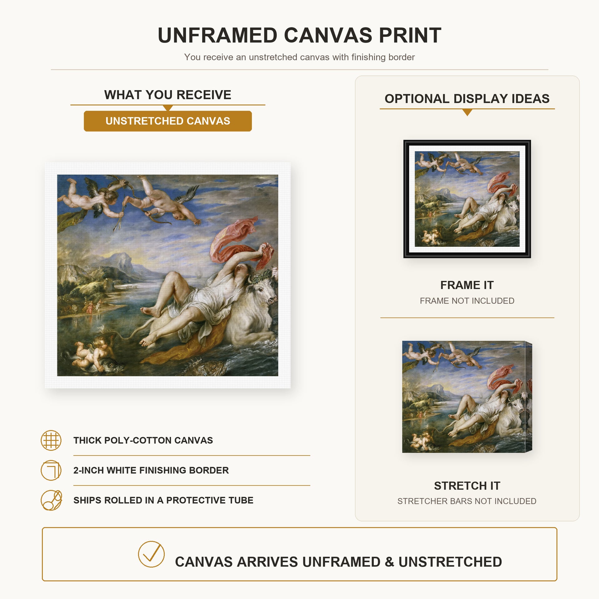 Jacques-Louis David - The Rape of Europa canvas print size comparison and framing display infographic