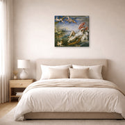 Gallery-wrapped canvas print of Jacques-Louis David's 'The Rape of Europa' displayed on a wall in a bedroom