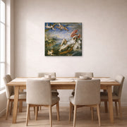 Gallery-wrapped canvas print of Jacques-Louis David's 'The Rape of Europa' displayed on a wall in a dining room