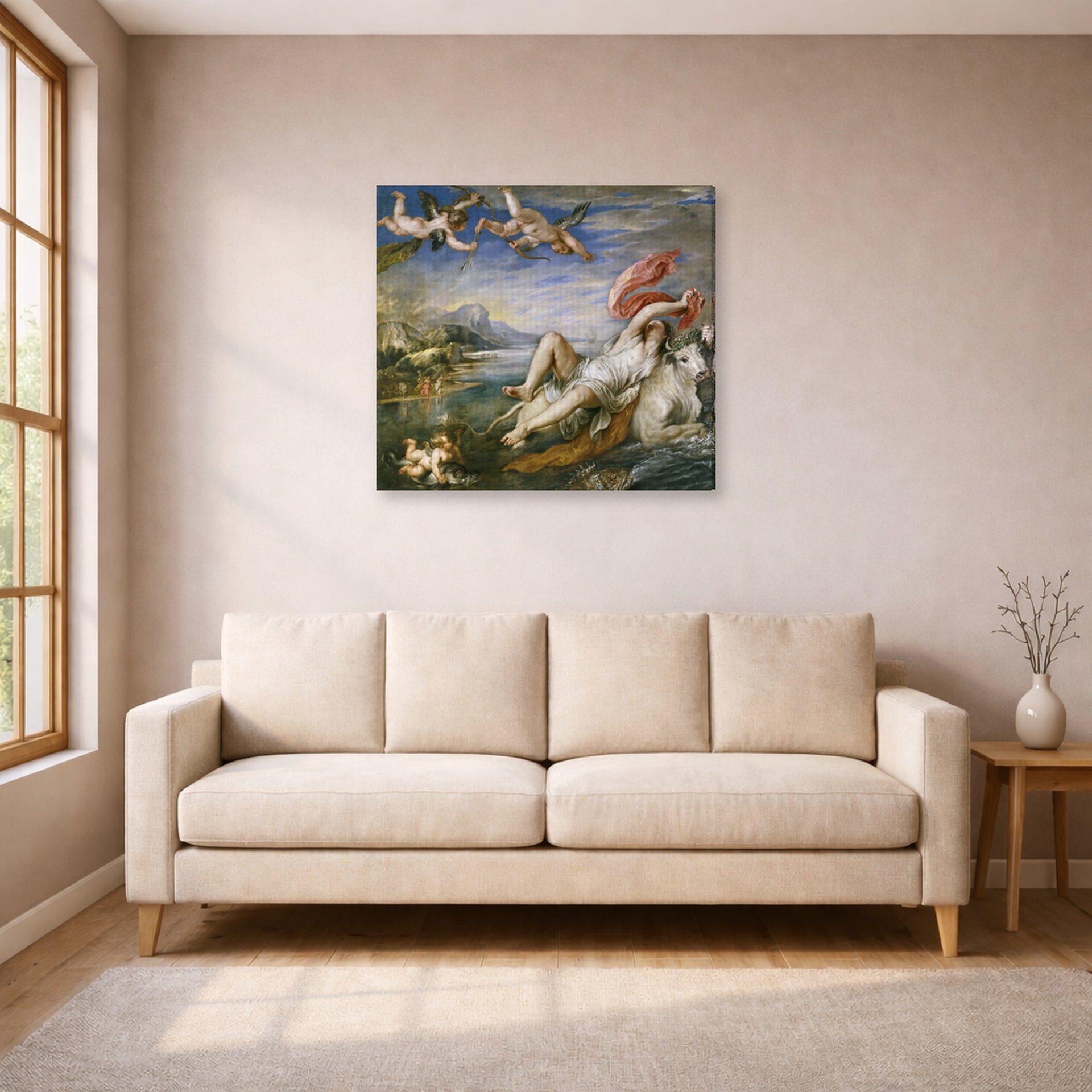 Gallery-wrapped canvas print of Jacques-Louis David's 'The Rape of Europa' displayed on a wall in a living room