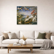 Gallery-wrapped canvas print of Jacques-Louis David's 'The Rape of Europa' displayed on a wall in a living room