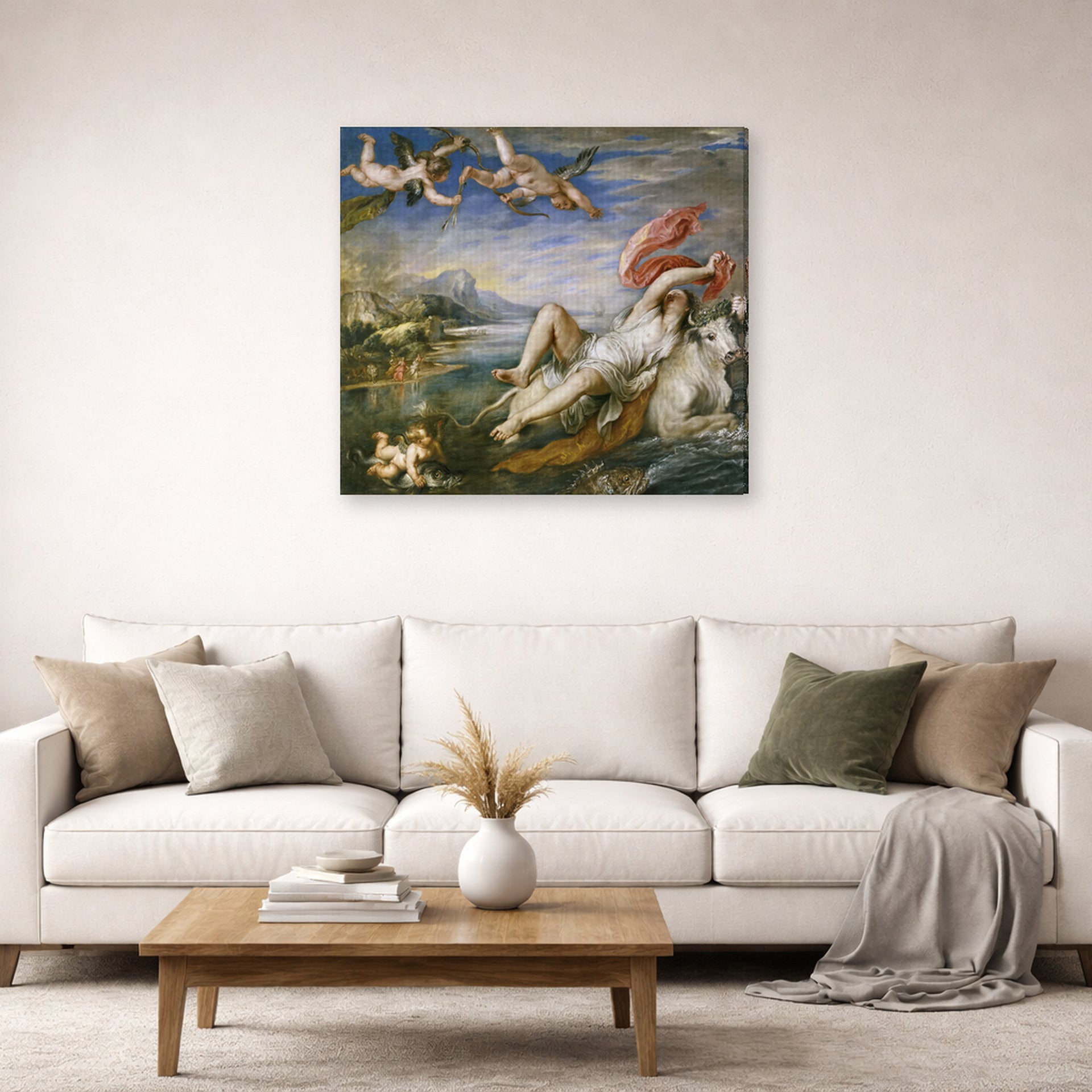 Gallery-wrapped canvas print of Jacques-Louis David's 'The Rape of Europa' displayed on a wall in a living room