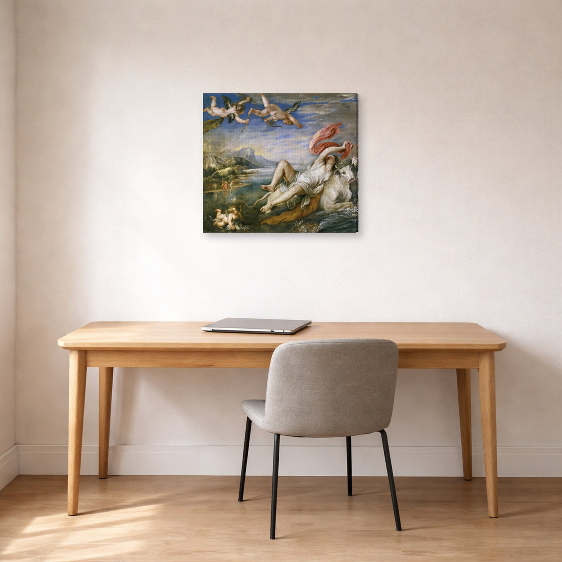 Gallery-wrapped canvas print of Jacques-Louis David's 'The Rape of Europa' displayed on a wall in an office