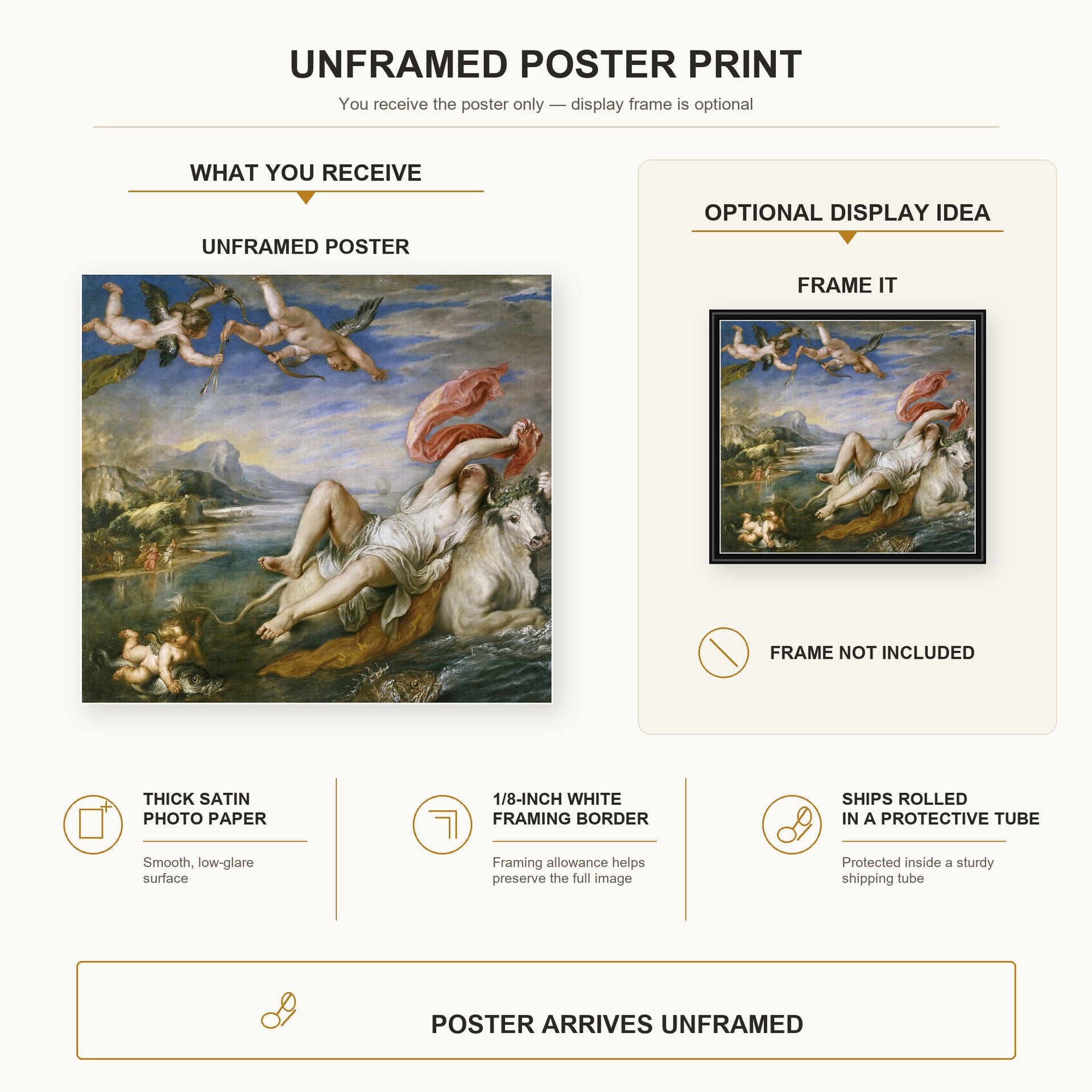 Jacques-Louis David - The Rape of Europa poster print size comparison and framing display infographic