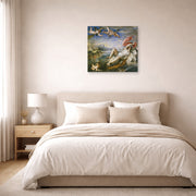 Unframed poster print of Jacques-Louis David's 'The Rape of Europa' displayed on a wall in a bedroom