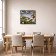 Unframed poster print of Jacques-Louis David's 'The Rape of Europa' displayed on a wall in a dining room