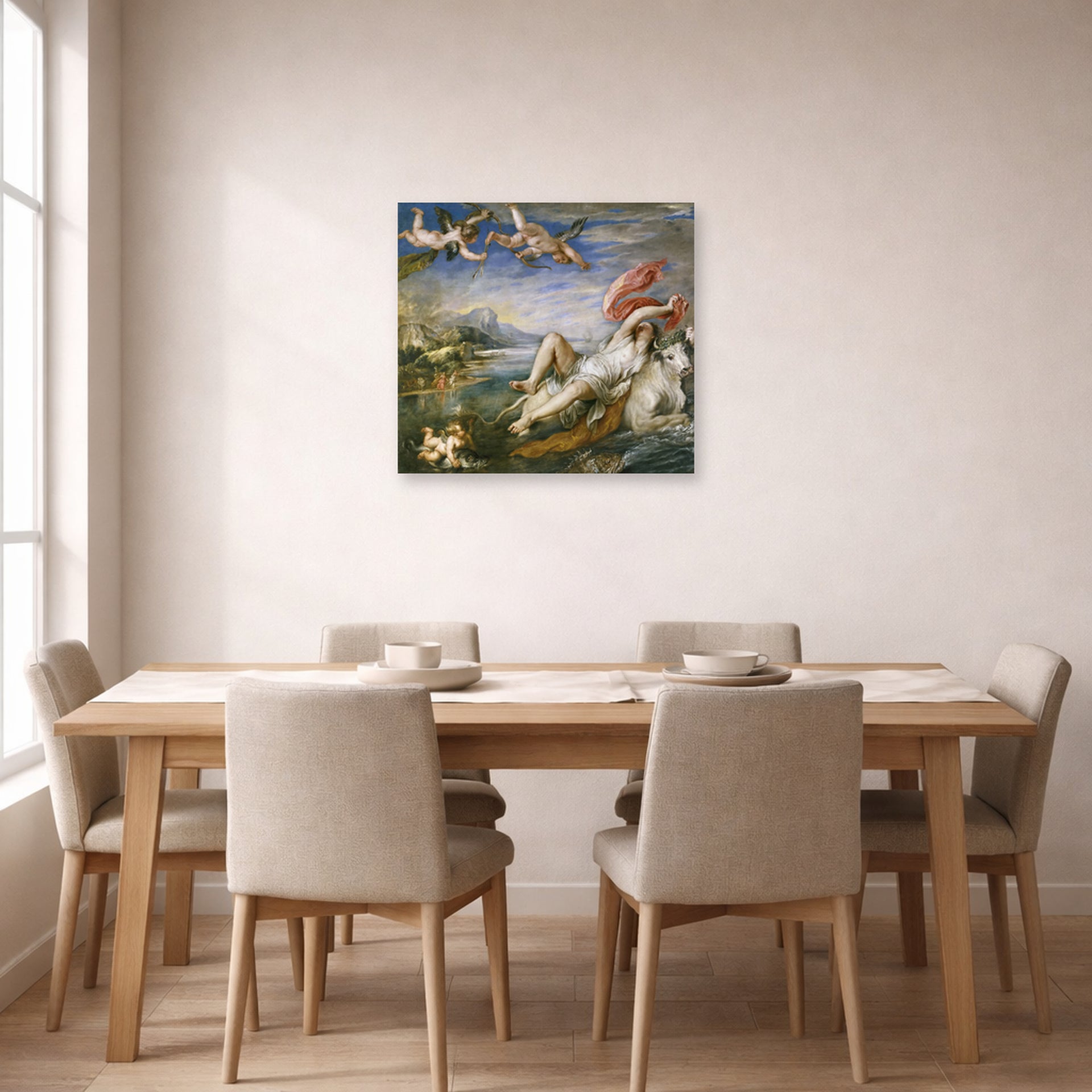 Unframed poster print of Jacques-Louis David's 'The Rape of Europa' displayed on a wall in a dining room