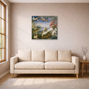 Unframed poster print of Jacques-Louis David's 'The Rape of Europa' displayed on a wall in a living room