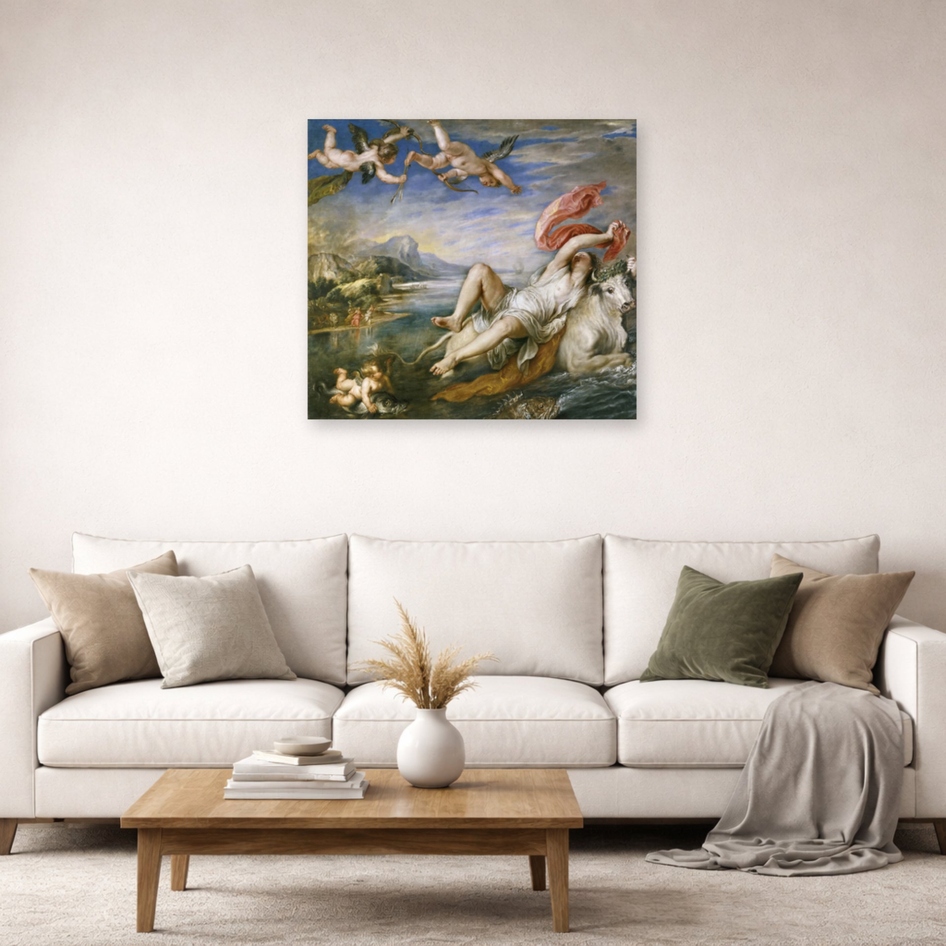Unframed poster print of Jacques-Louis David's 'The Rape of Europa' displayed on a wall in a living room