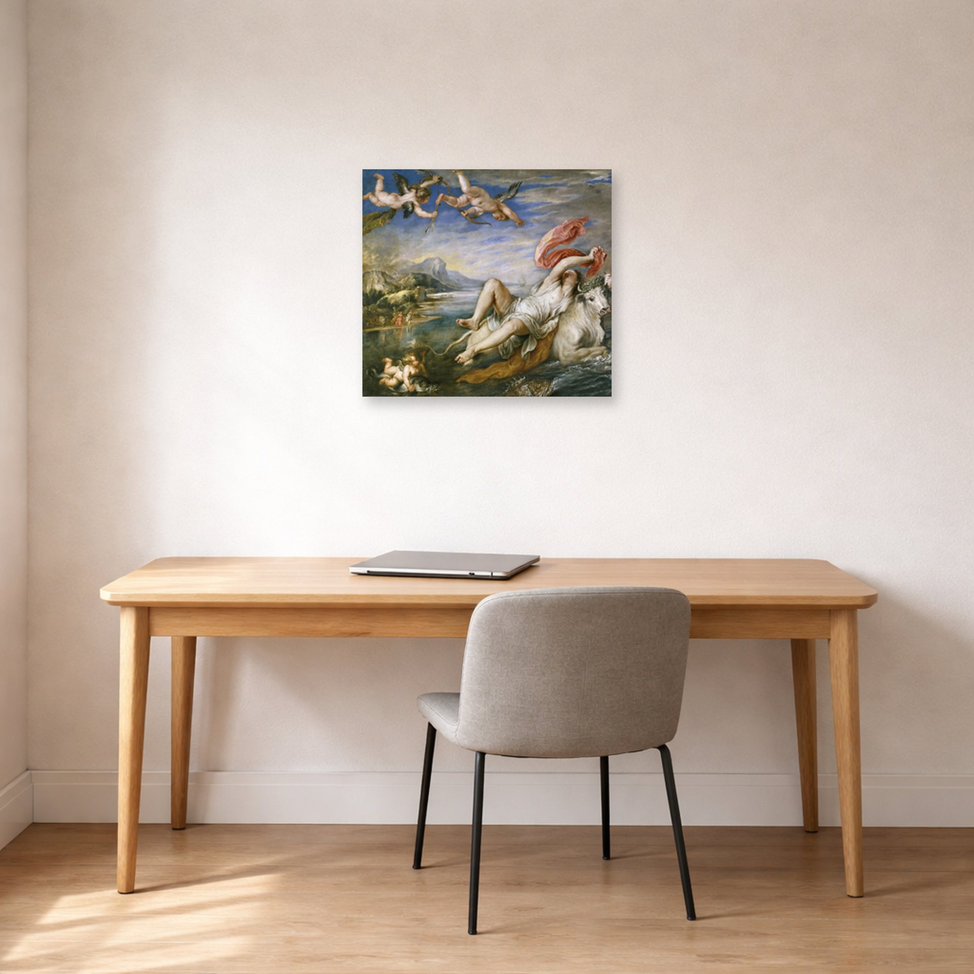 Unframed poster print of Jacques-Louis David's 'The Rape of Europa' displayed on a wall in an office