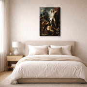 Gallery-wrapped canvas print of Jacques-Louis David's 'The Resurrection of Christ' displayed on a wall in a bedroom