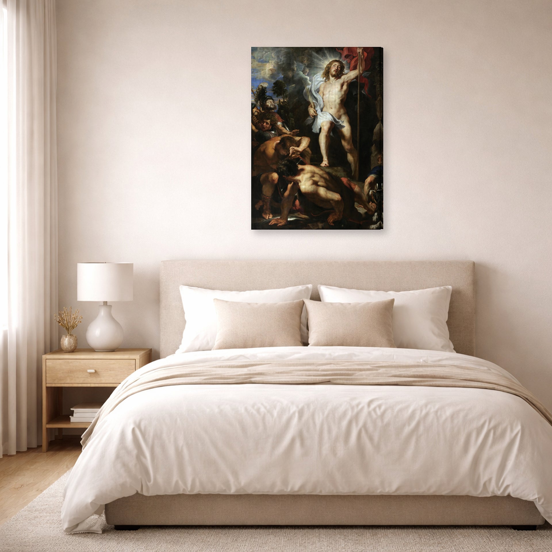 Gallery-wrapped canvas print of Jacques-Louis David's 'The Resurrection of Christ' displayed on a wall in a bedroom
