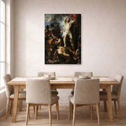 Gallery-wrapped canvas print of Jacques-Louis David's 'The Resurrection of Christ' displayed on a wall in a dining room