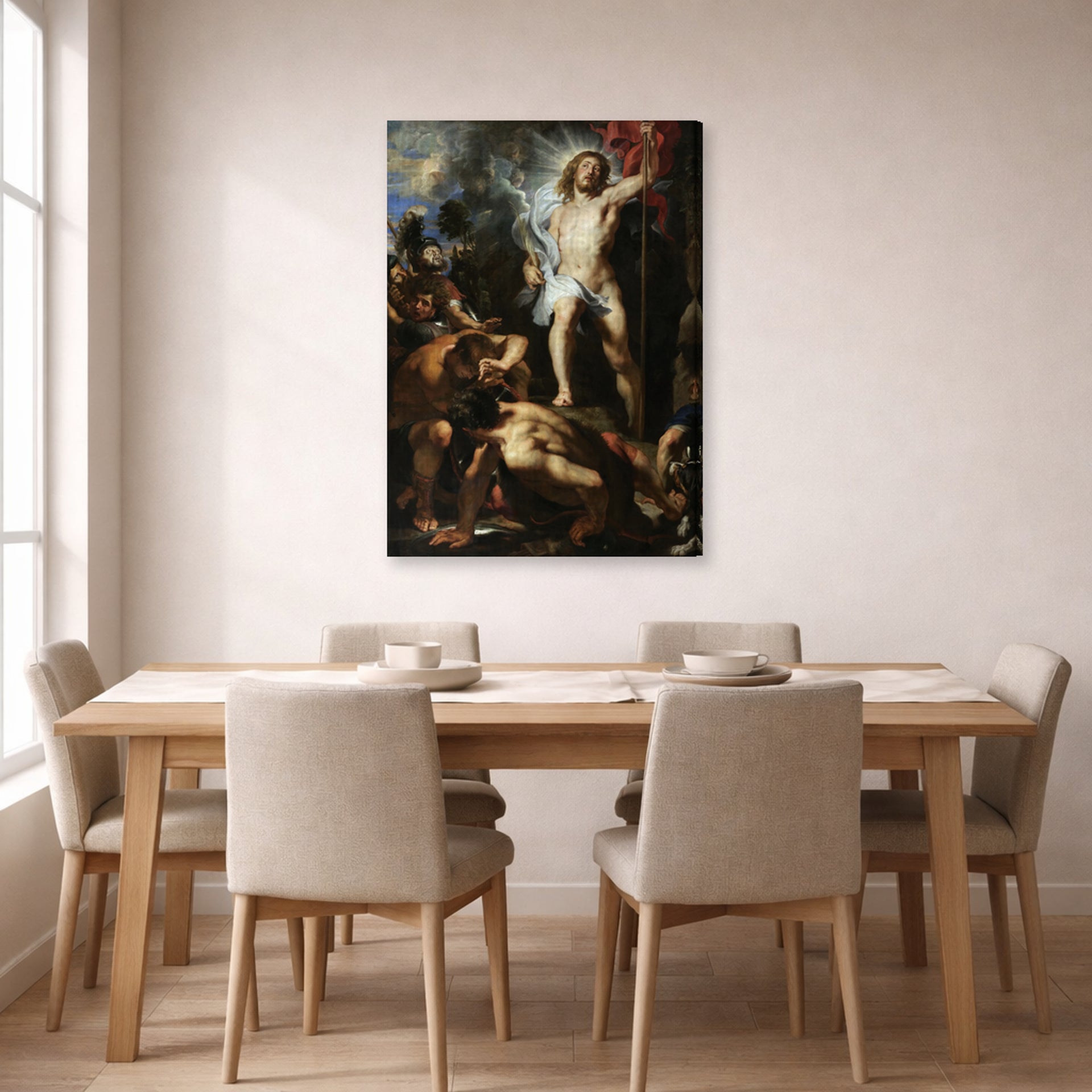 Gallery-wrapped canvas print of Jacques-Louis David's 'The Resurrection of Christ' displayed on a wall in a dining room