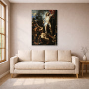 Gallery-wrapped canvas print of Jacques-Louis David's 'The Resurrection of Christ' displayed on a wall in a living room
