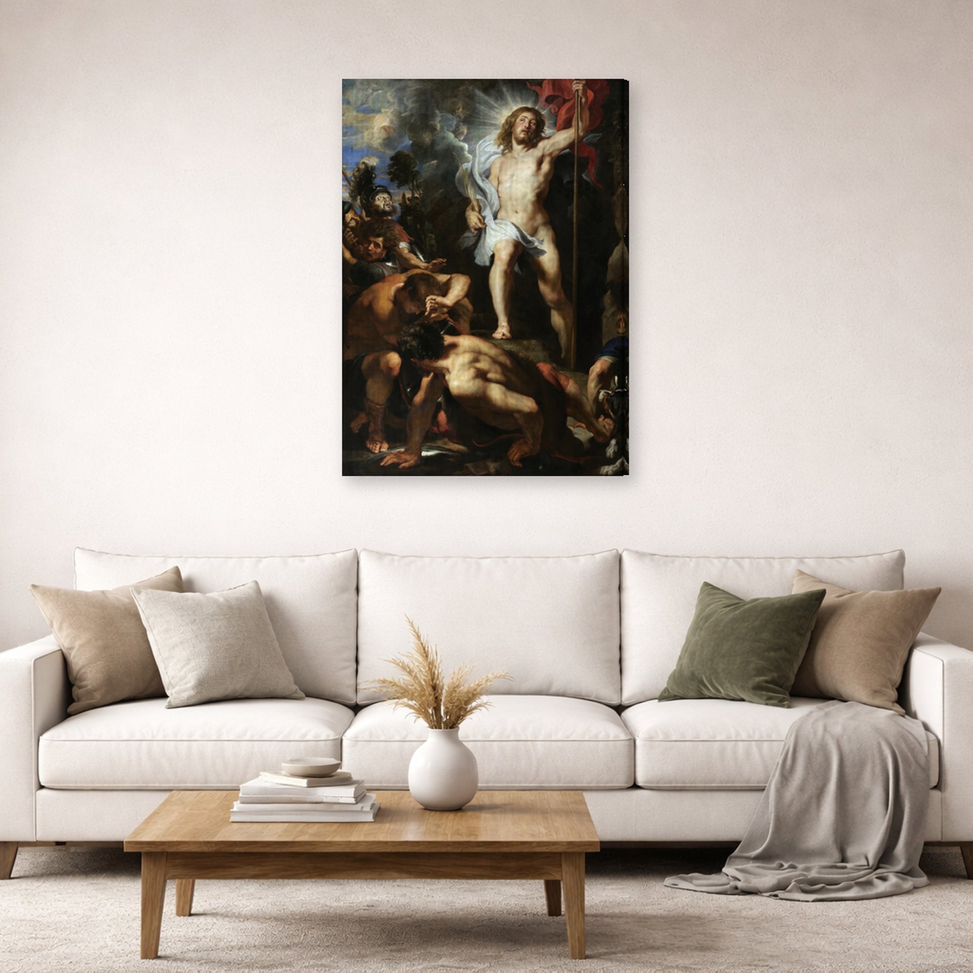 Gallery-wrapped canvas print of Jacques-Louis David's 'The Resurrection of Christ' displayed on a wall in a living room