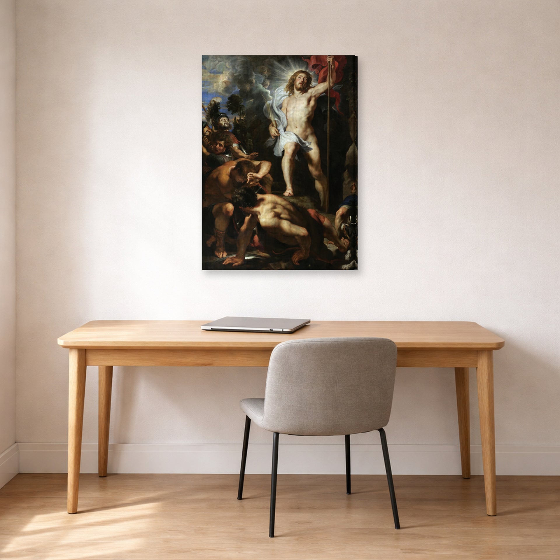 Gallery-wrapped canvas print of Jacques-Louis David's 'The Resurrection of Christ' displayed on a wall in an office