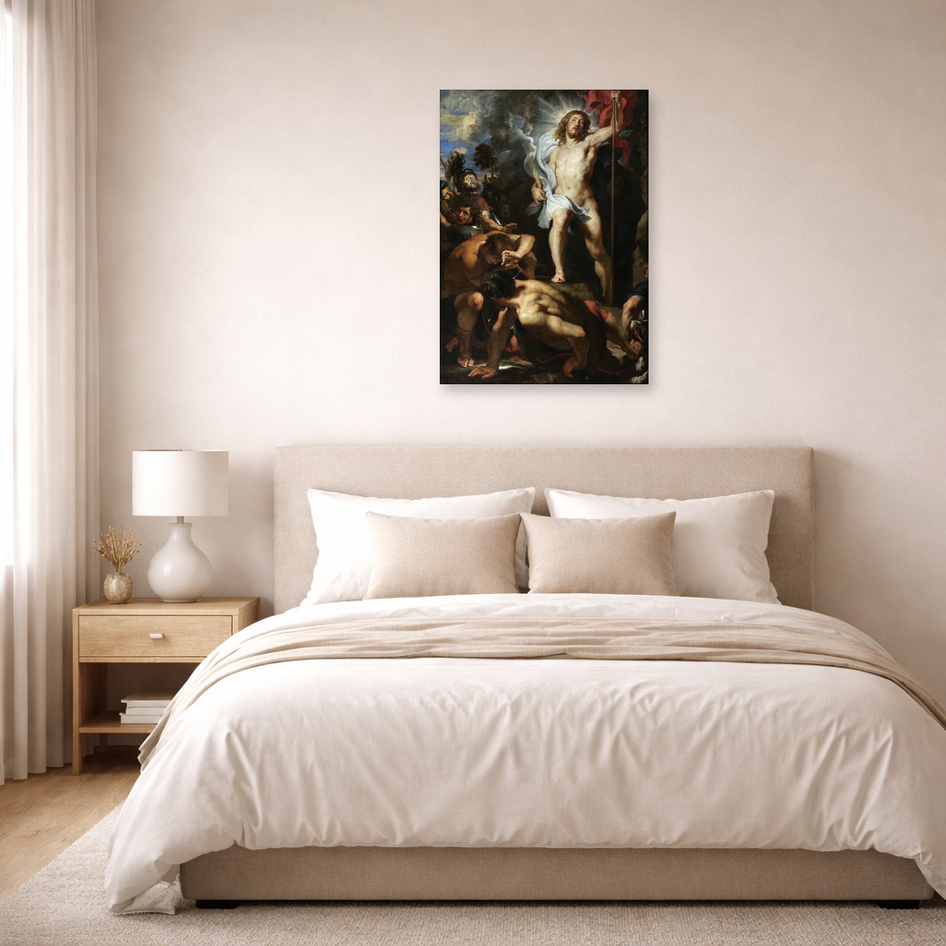 Unframed poster print of Jacques-Louis David's 'The Resurrection of Christ' displayed on a wall in a bedroom