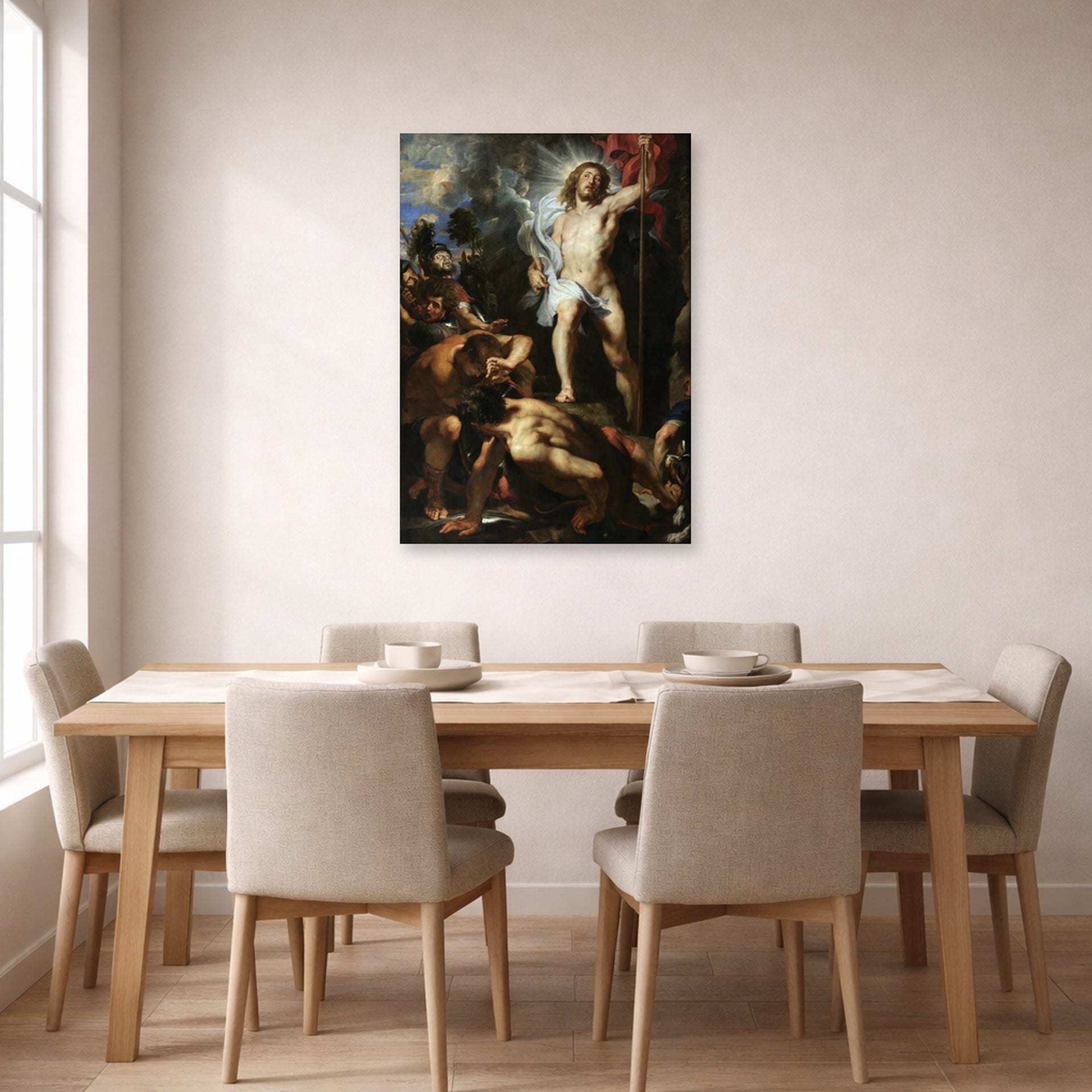 Unframed poster print of Jacques-Louis David's 'The Resurrection of Christ' displayed on a wall in a dining room