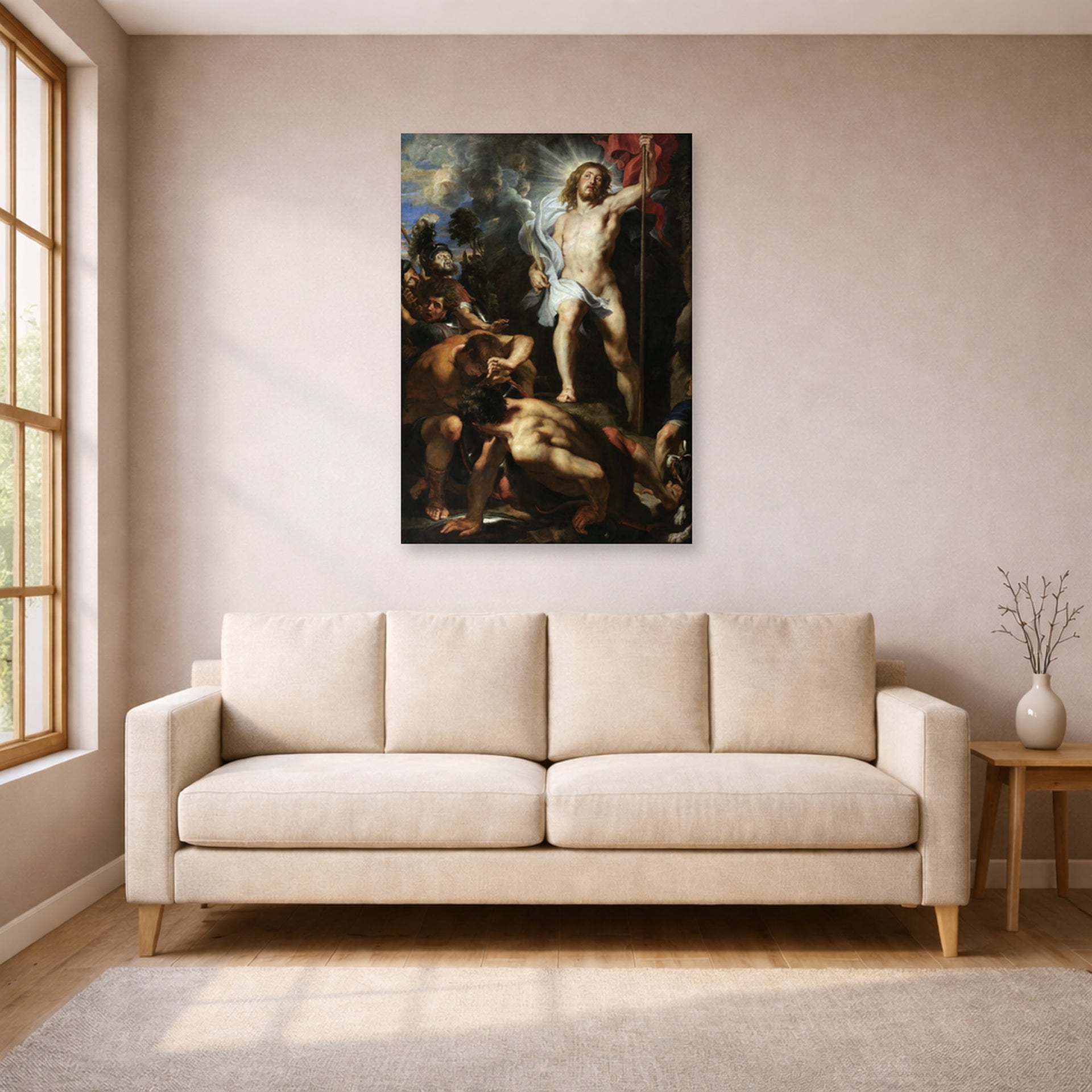 Unframed poster print of Jacques-Louis David's 'The Resurrection of Christ' displayed on a wall in a living room