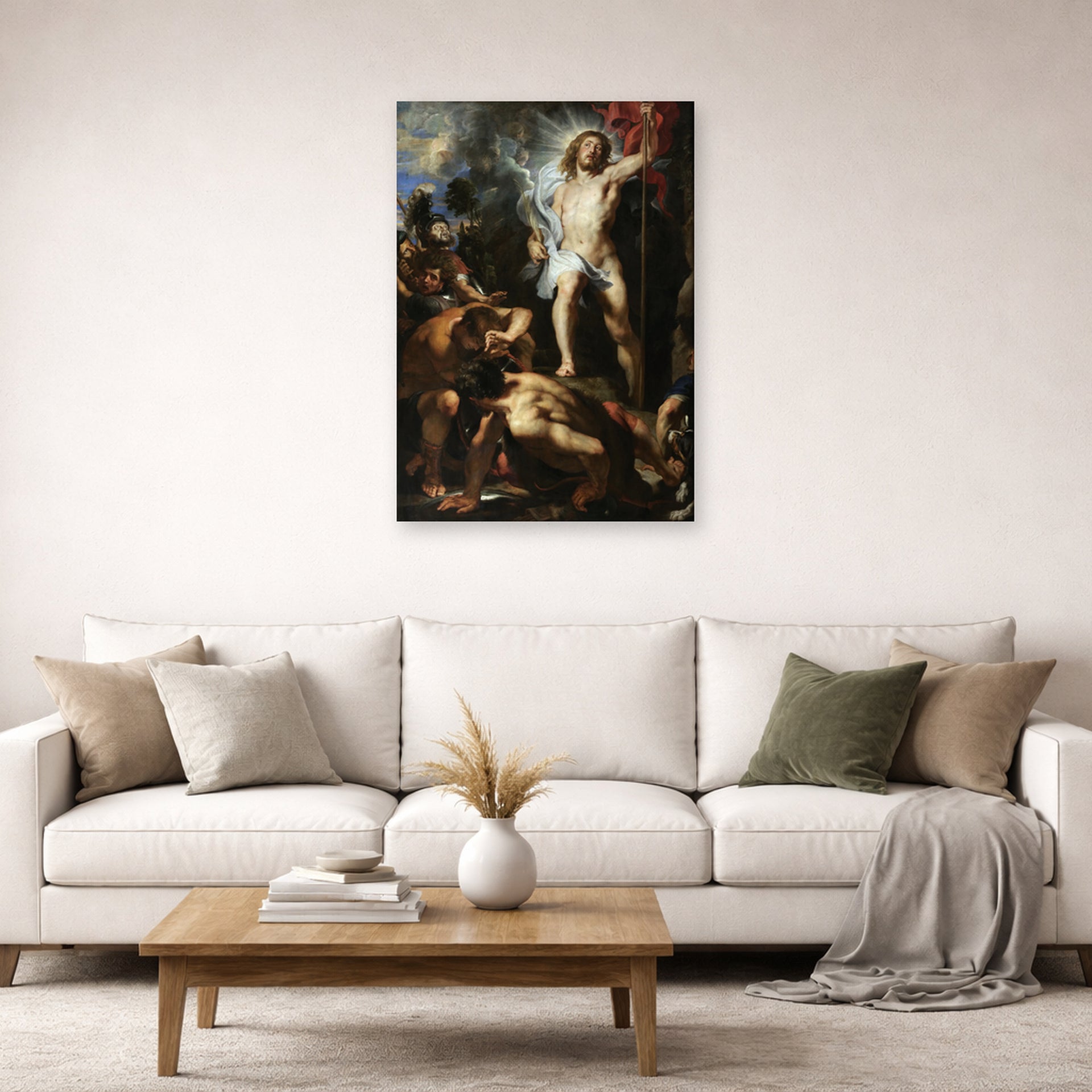 Unframed poster print of Jacques-Louis David's 'The Resurrection of Christ' displayed on a wall in a living room