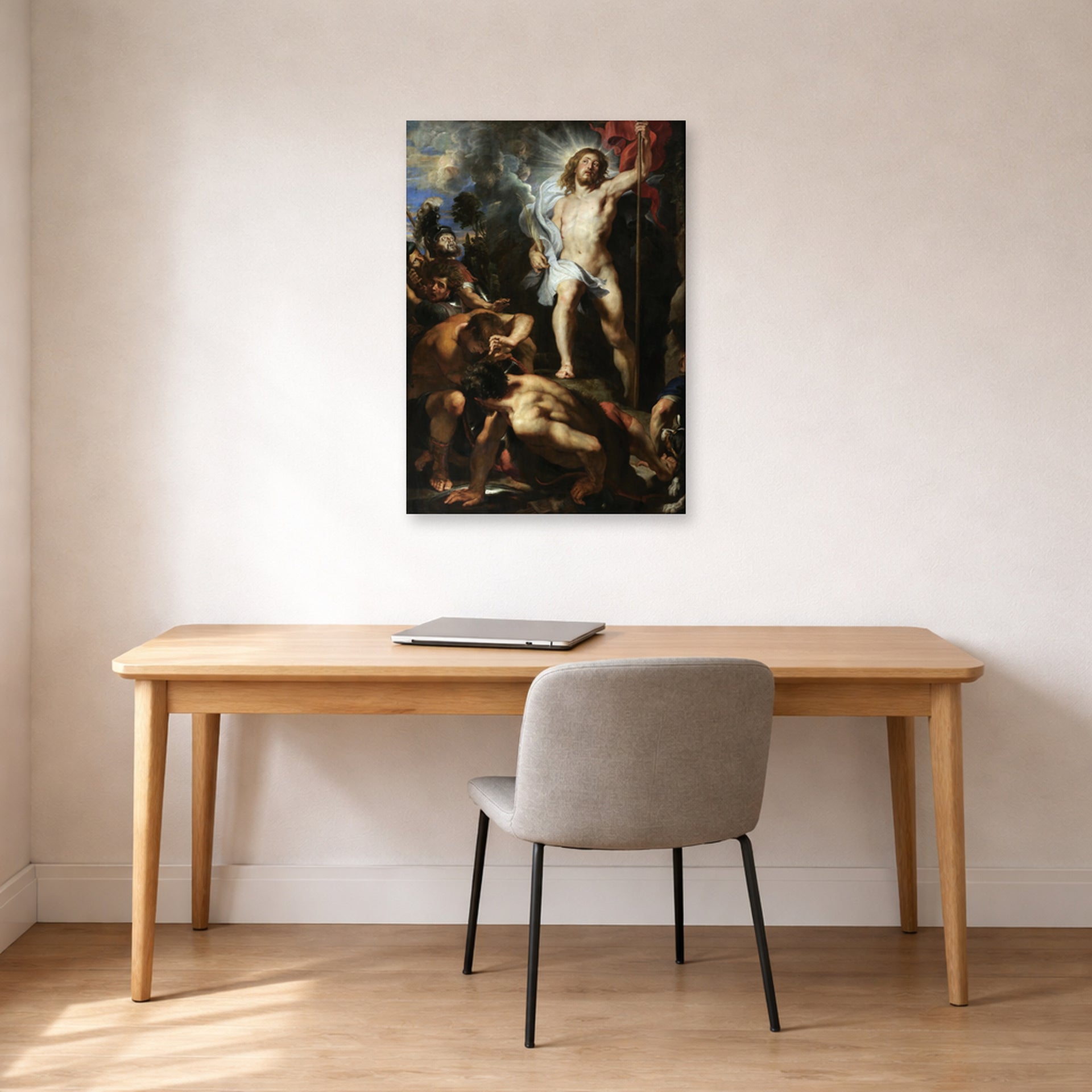 Unframed poster print of Jacques-Louis David's 'The Resurrection of Christ' displayed on a wall in an office
