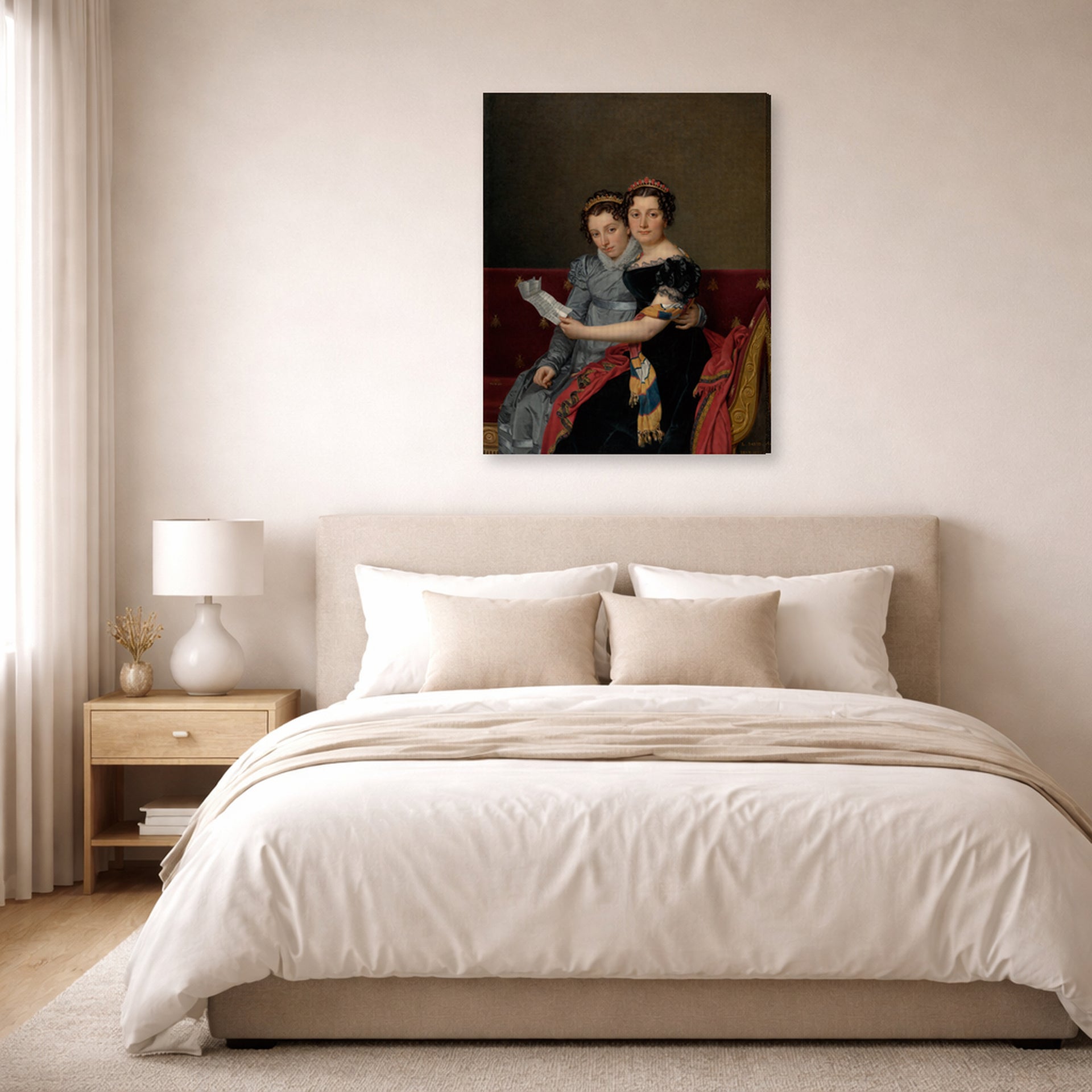 Gallery-wrapped canvas print of Jacques-Louis David's 'The Sisters Zénaïde and Charlotte Bonaparte' displayed on a wall in a bedroom