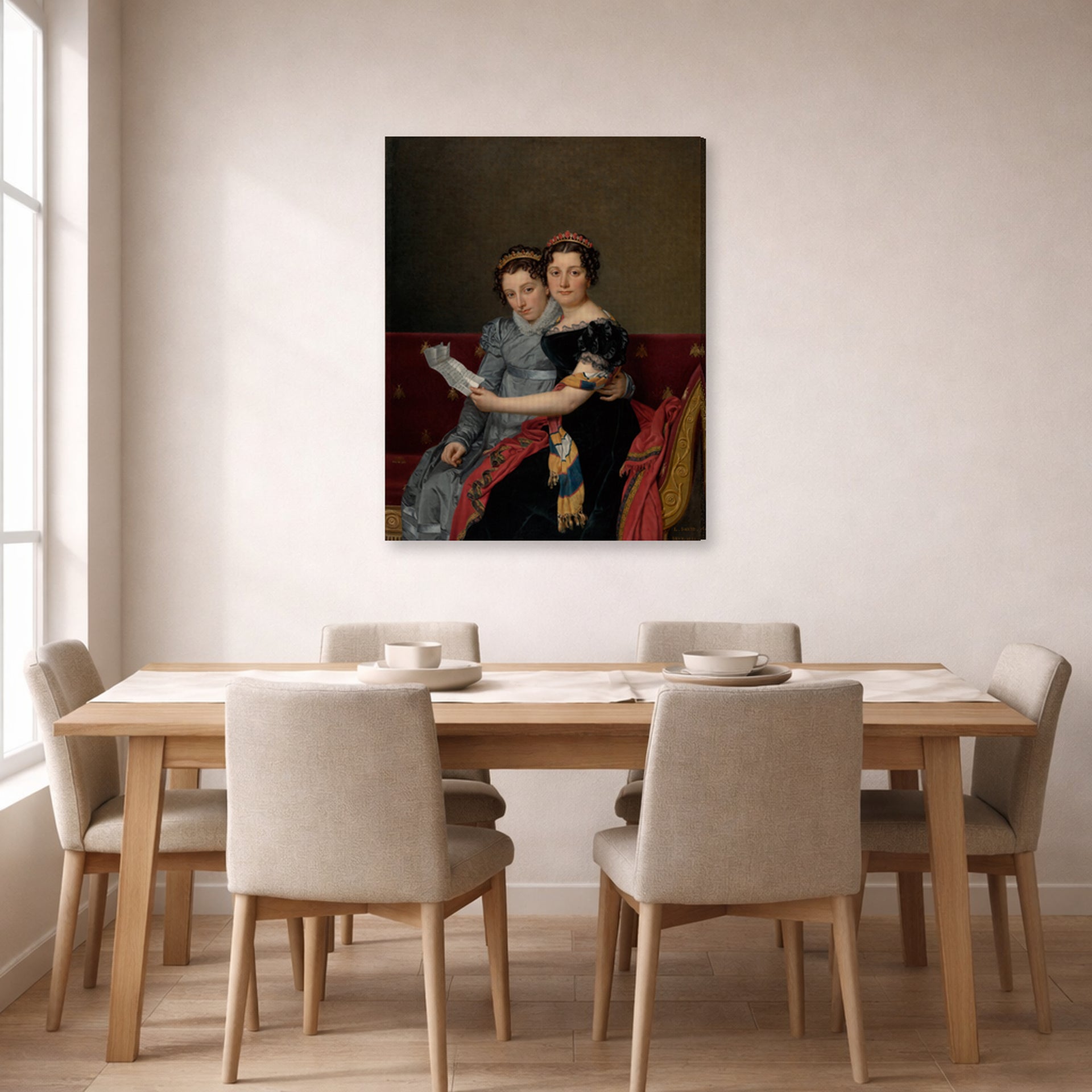 Gallery-wrapped canvas print of Jacques-Louis David's 'The Sisters Zénaïde and Charlotte Bonaparte' displayed on a wall in a dining room