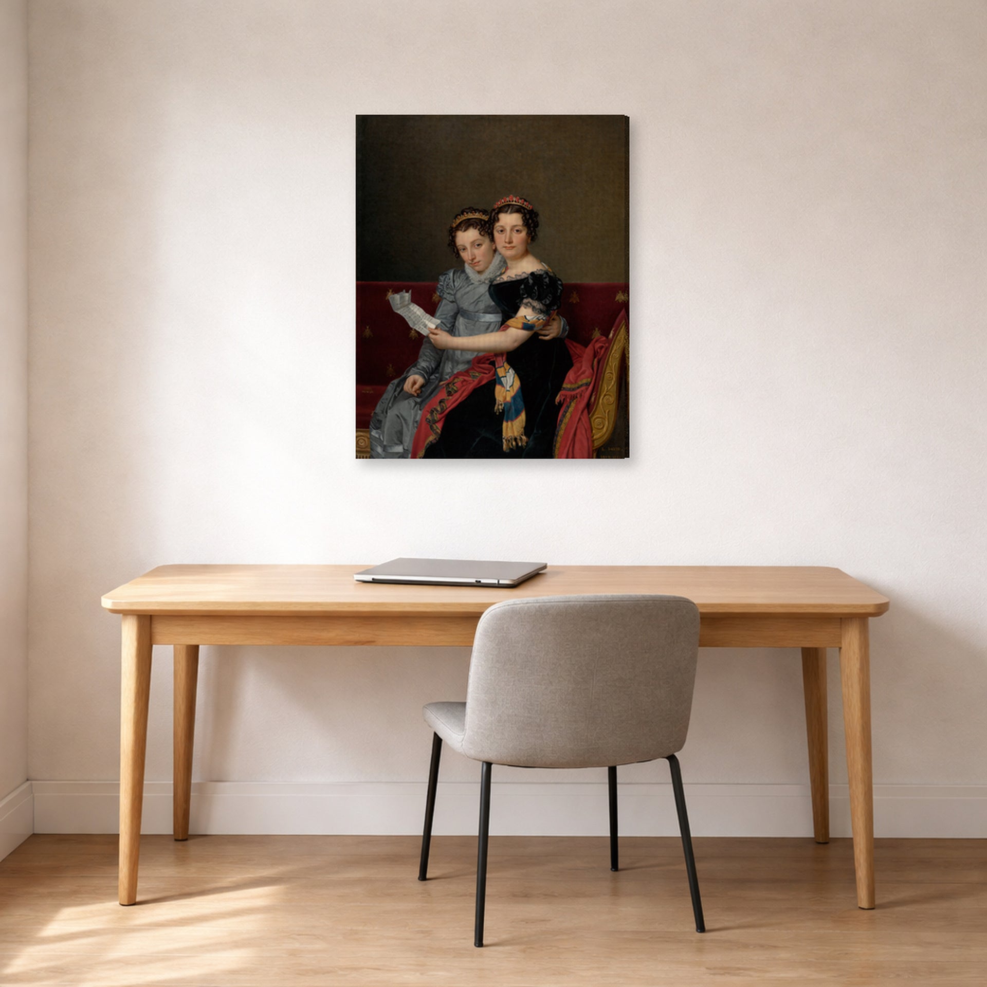 Gallery-wrapped canvas print of Jacques-Louis David's 'The Sisters Zénaïde and Charlotte Bonaparte' displayed on a wall in an office