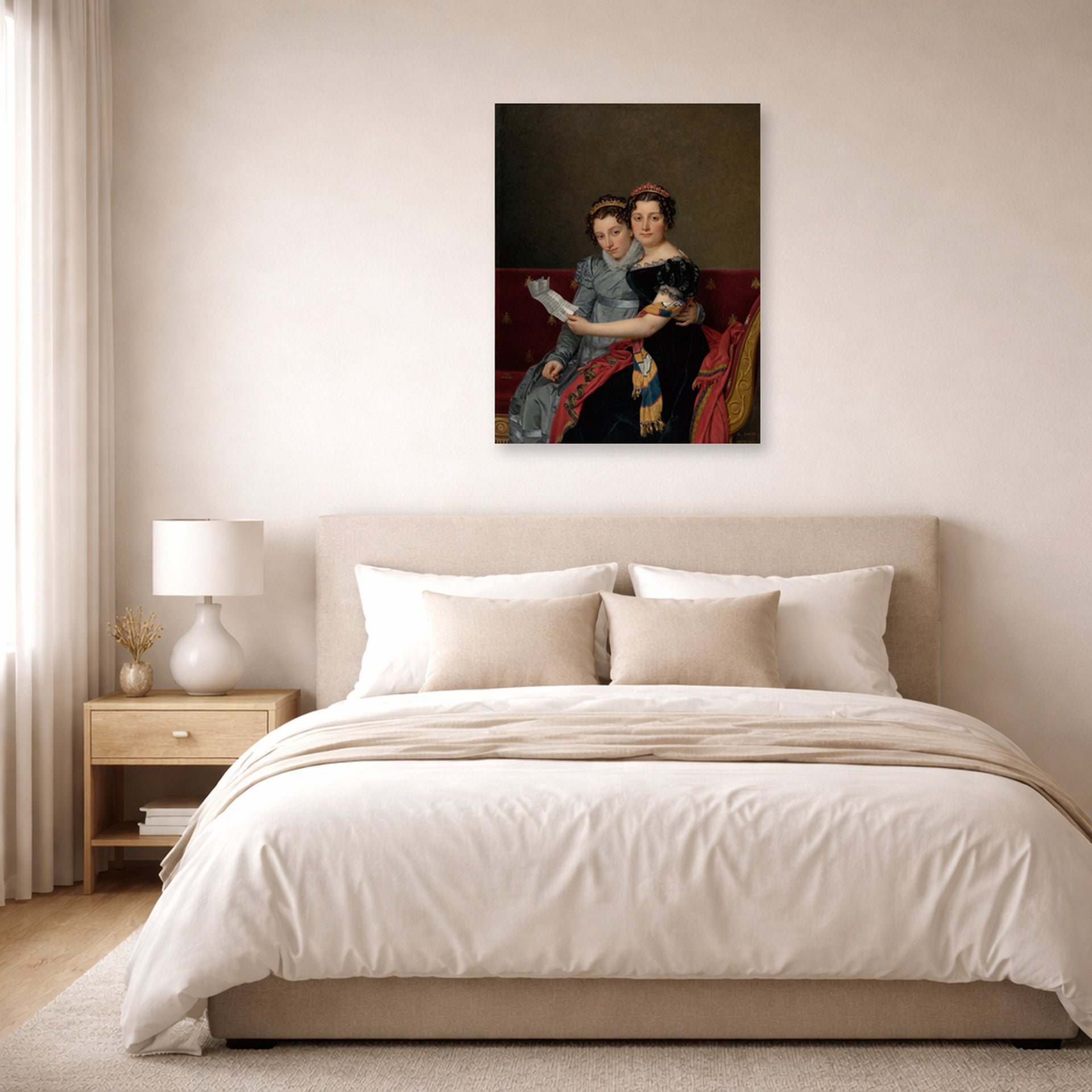 Unframed poster print of Jacques-Louis David's 'The Sisters Zénaïde and Charlotte Bonaparte' displayed on a wall in a bedroom