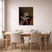 Unframed poster print of Jacques-Louis David's 'The Sisters Zénaïde and Charlotte Bonaparte' displayed on a wall in a dining room
