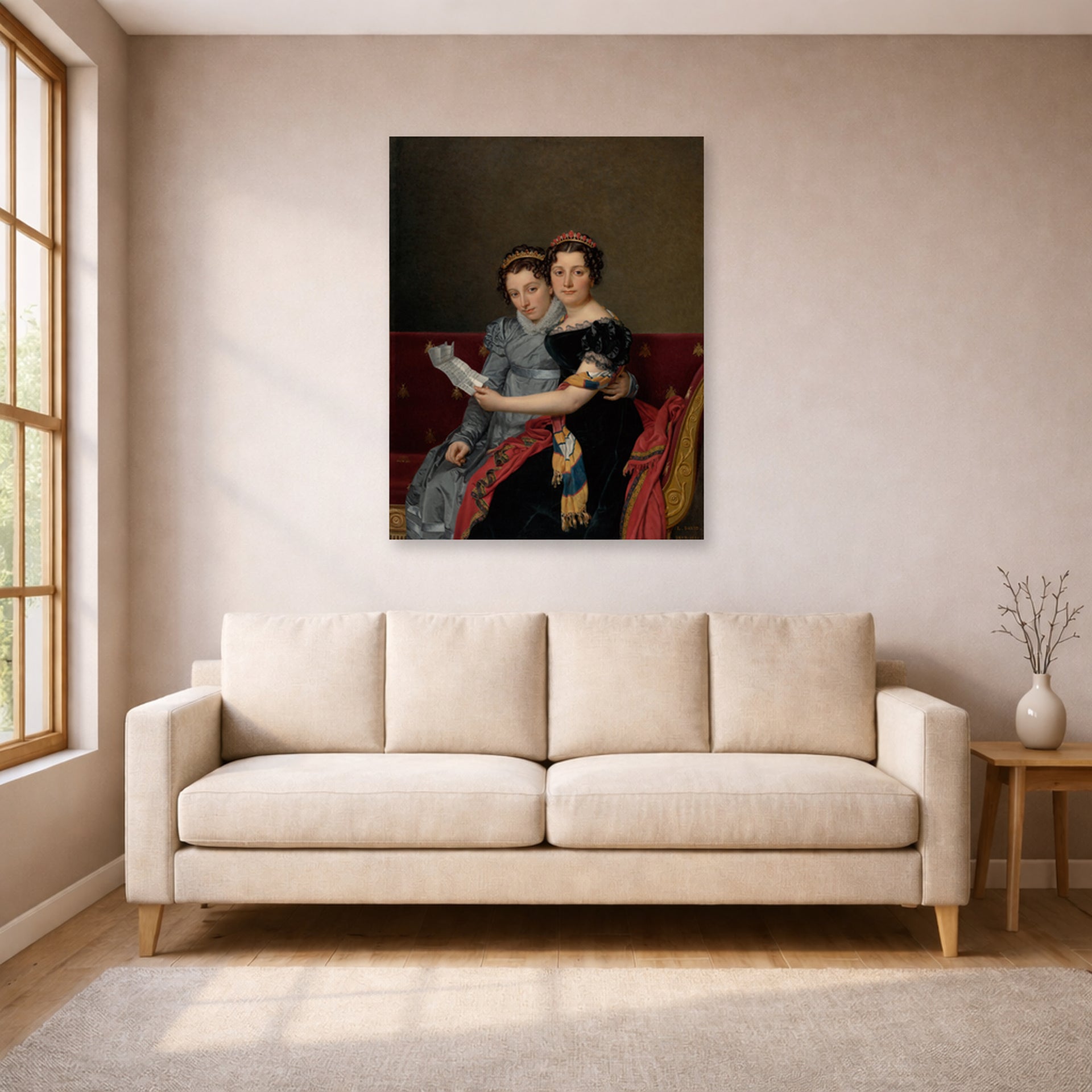 Unframed poster print of Jacques-Louis David's 'The Sisters Zénaïde and Charlotte Bonaparte' displayed on a wall in a living room