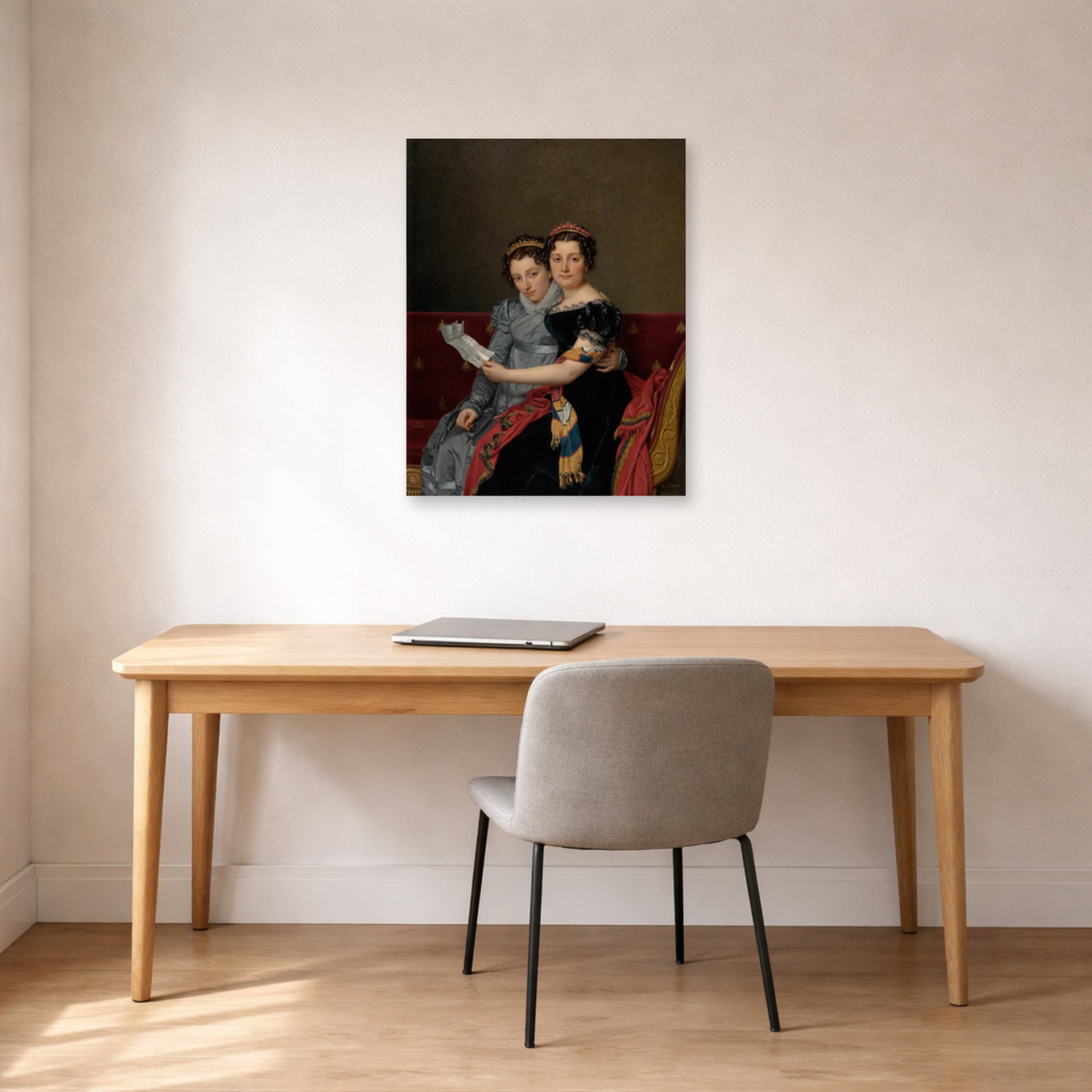 Unframed poster print of Jacques-Louis David's 'The Sisters Zénaïde and Charlotte Bonaparte' displayed on a wall in an office