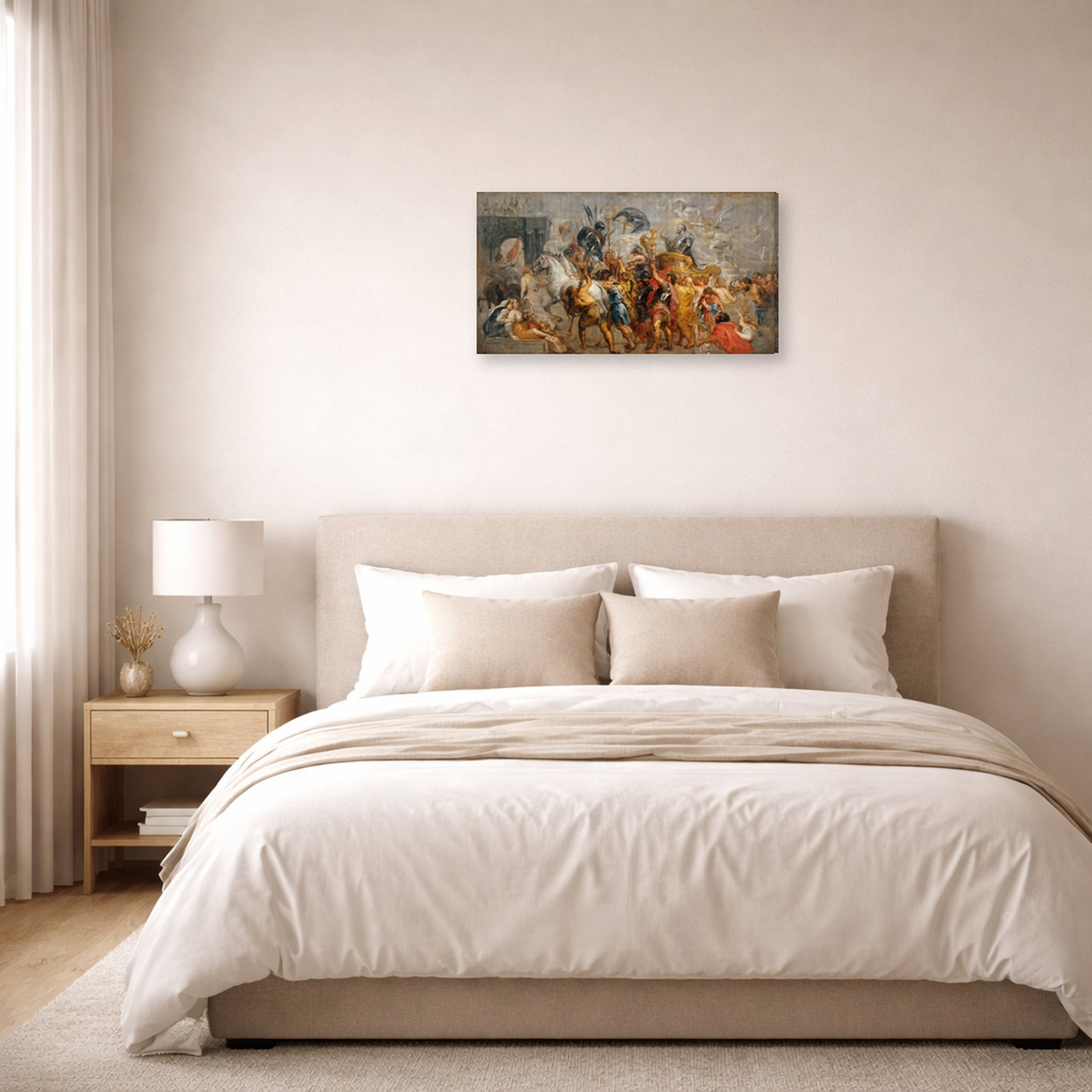 Gallery-wrapped canvas print of Jacques-Louis David's 'The Triumphal Entry of Henry IV into Paris' displayed on a wall in a bedroom