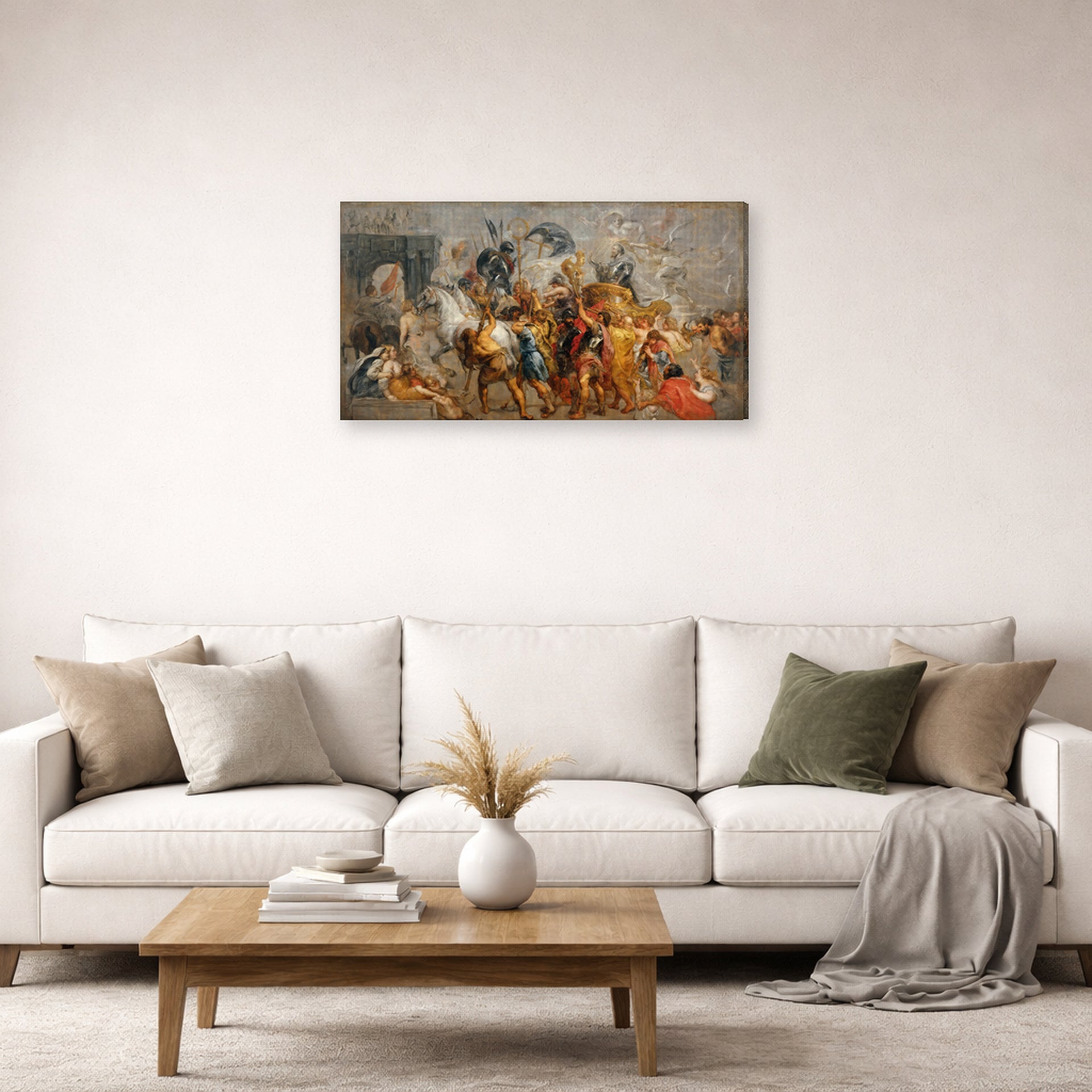 Gallery-wrapped canvas print of Jacques-Louis David's 'The Triumphal Entry of Henry IV into Paris' displayed on a wall in a living room