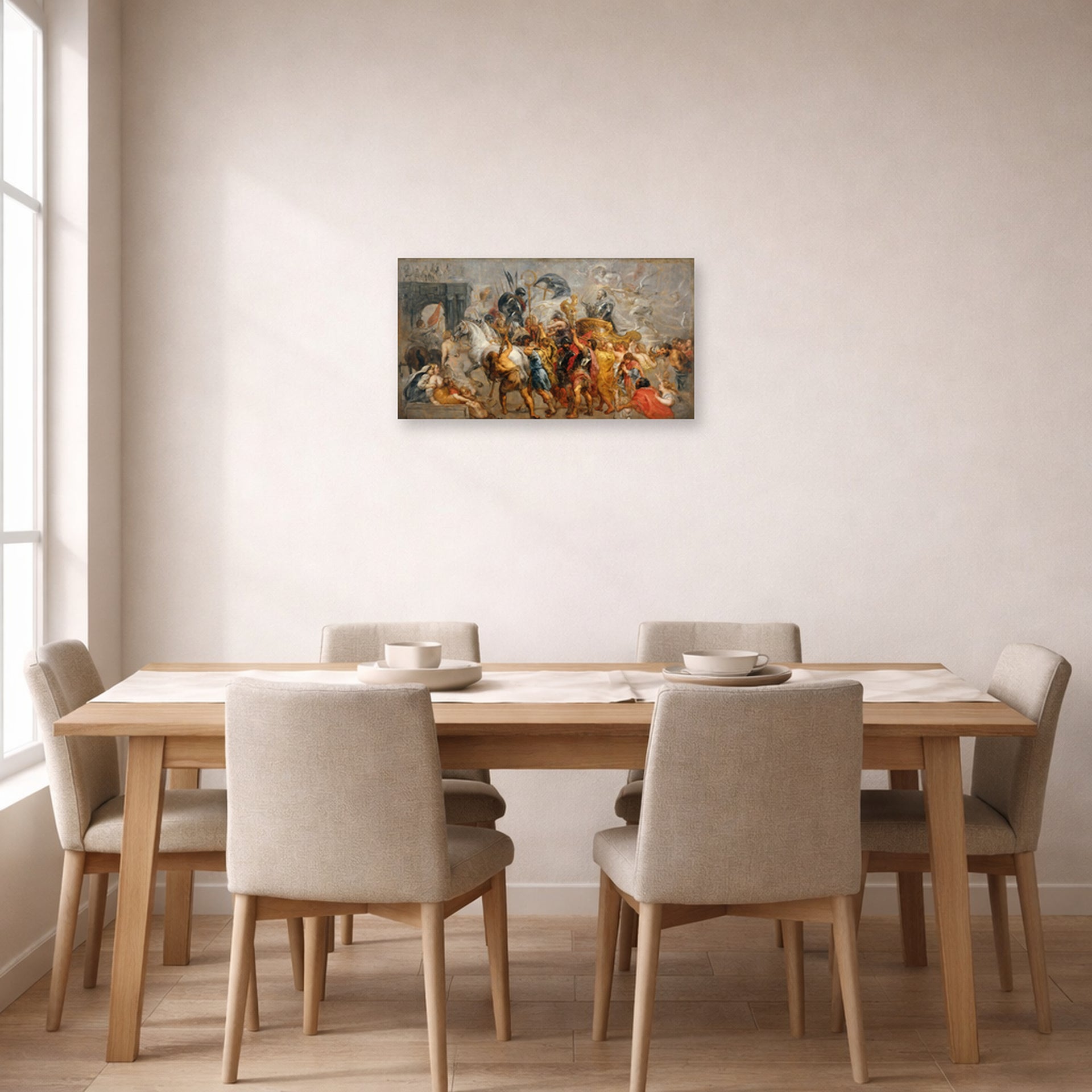 Unframed poster print of Jacques-Louis David's 'The Triumphal Entry of Henry IV into Paris' displayed on a wall in a dining room