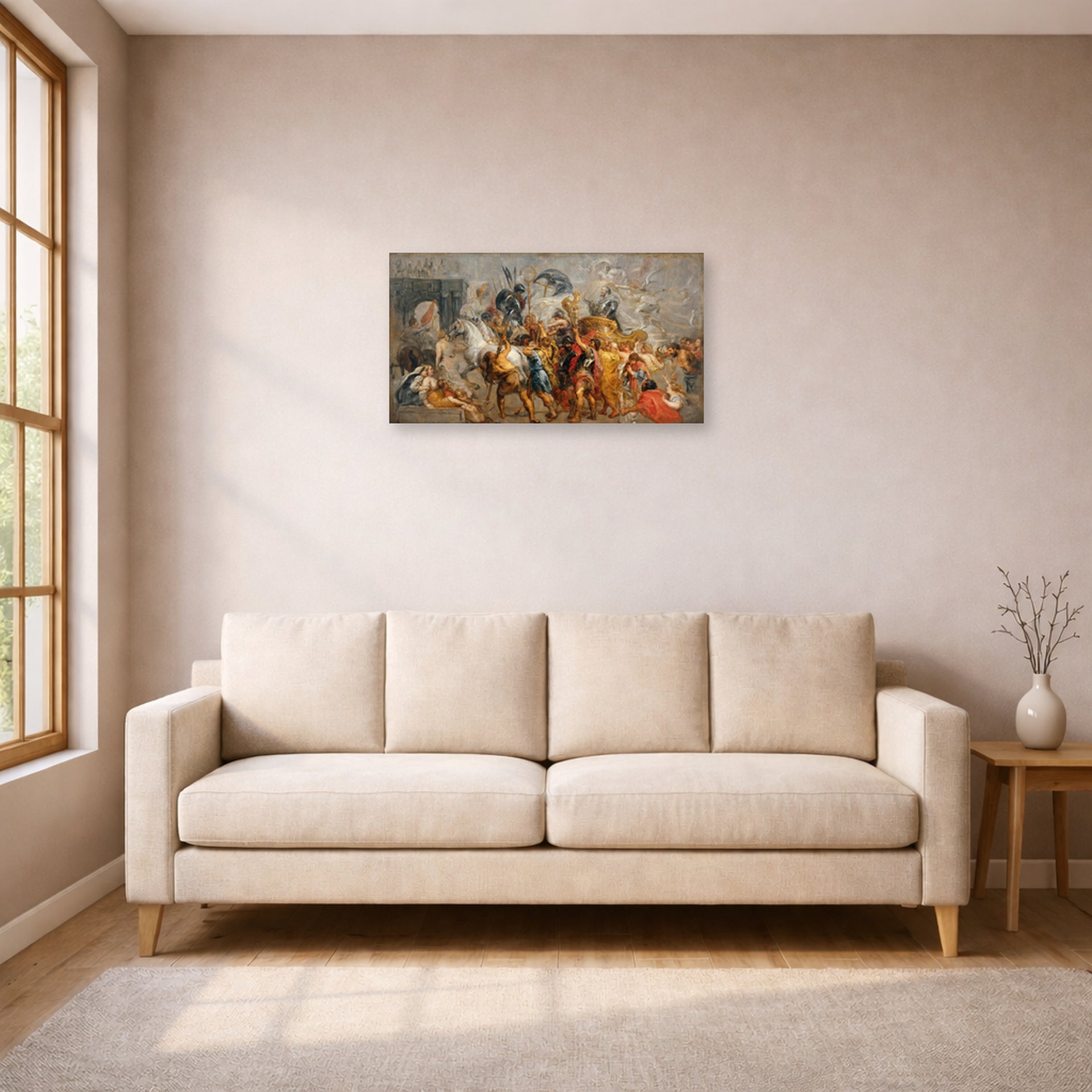 Unframed poster print of Jacques-Louis David's 'The Triumphal Entry of Henry IV into Paris' displayed on a wall in a living room