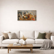 Unframed poster print of Jacques-Louis David's 'The Triumphal Entry of Henry IV into Paris' displayed on a wall in a living room