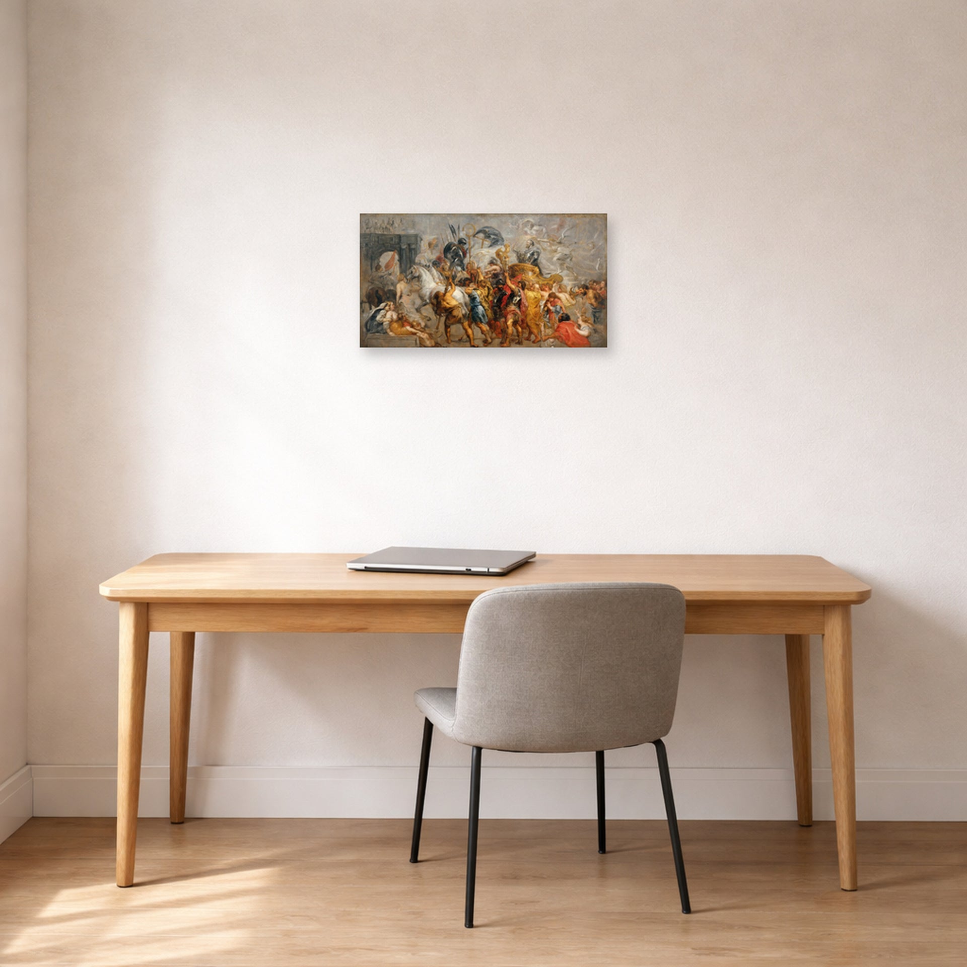 Unframed poster print of Jacques-Louis David's 'The Triumphal Entry of Henry IV into Paris' displayed on a wall in an office