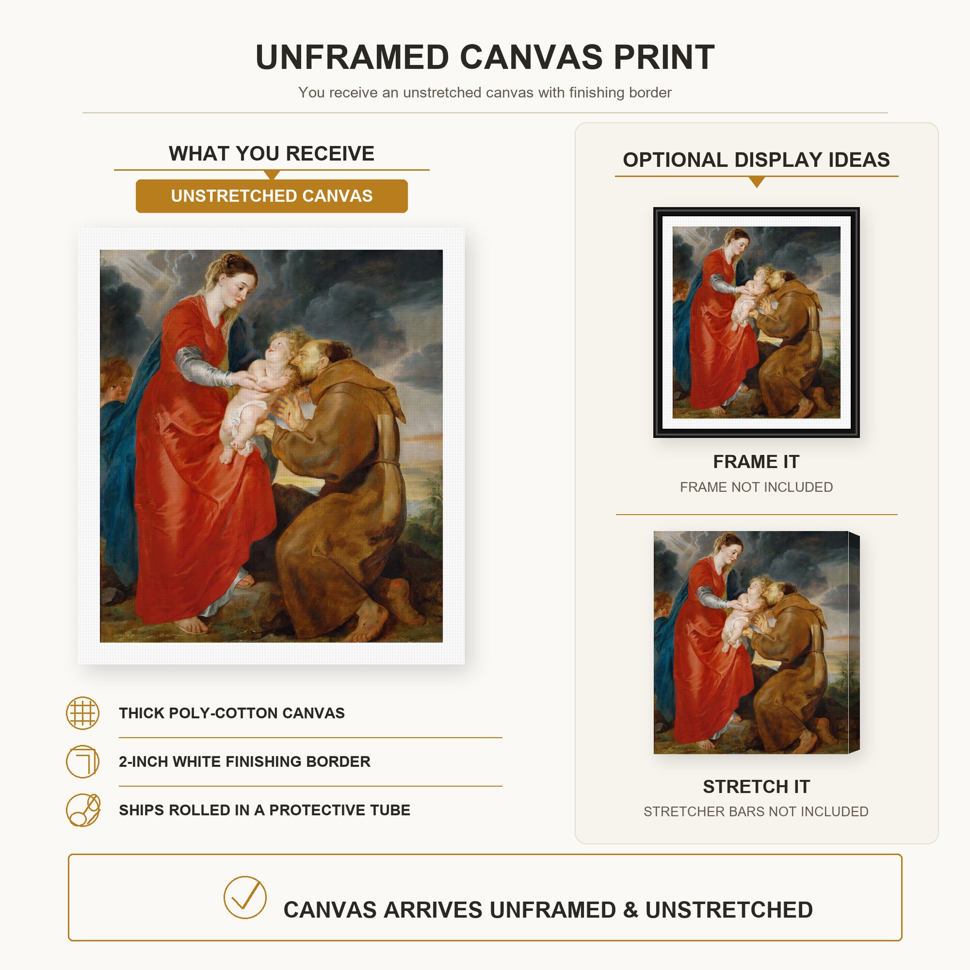 Jacques-Louis David - The Virgin Presents the Infant Jesus to Saint Francis canvas print size comparison and framing display infographic