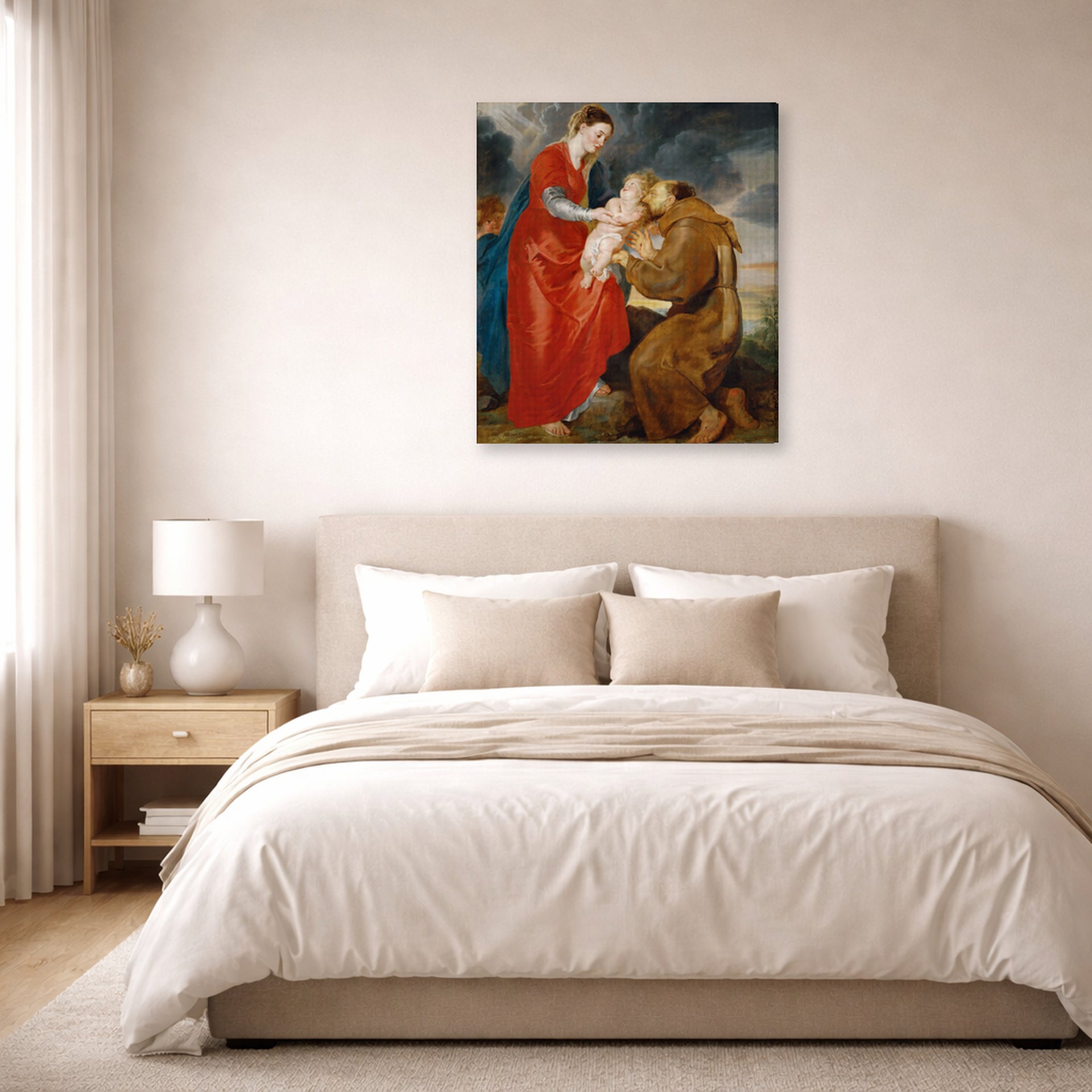 Gallery-wrapped canvas print of Jacques-Louis David's 'The Virgin Presents the Infant Jesus to Saint Francis' displayed on a wall in a bedroom