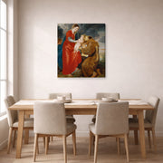 Gallery-wrapped canvas print of Jacques-Louis David's 'The Virgin Presents the Infant Jesus to Saint Francis' displayed on a wall in a dining room