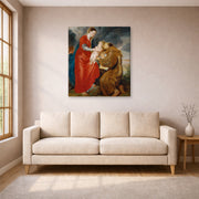 Gallery-wrapped canvas print of Jacques-Louis David's 'The Virgin Presents the Infant Jesus to Saint Francis' displayed on a wall in a living room